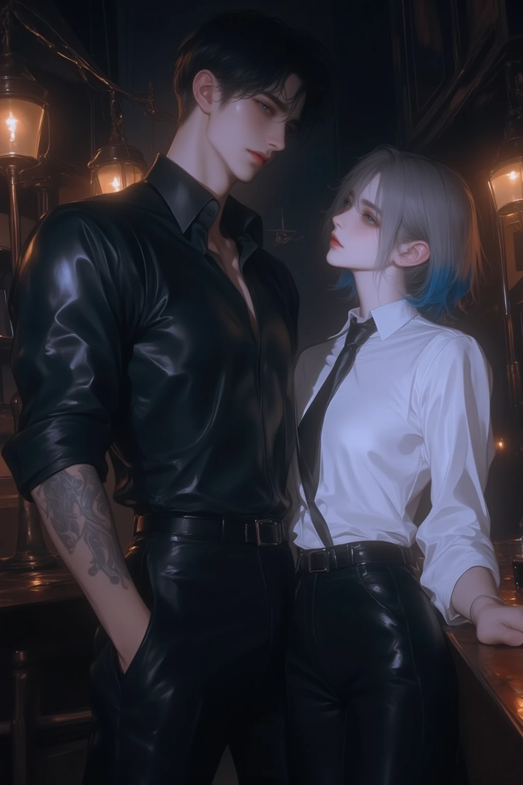 masutepiece, Best quality, 1 thai peaplo man, handsome, short hair, silver hair, fang flirtatious smile, choker, blue eyes, black leather shirt, blushing, western building, caricature, looking at viewer,