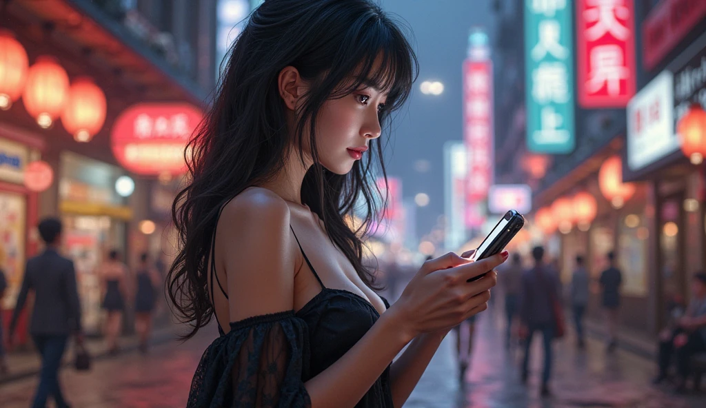 (best quality, photorealistic, ultra detailed) A sexy Asian girl wearing white revealing clothes holding an electronic sign that says "SEXY BABE" in red, she is standing sideways sticking her big ass out, beauty, seductive, rain, wet camera. (no deformed fingers, no unrealism) 