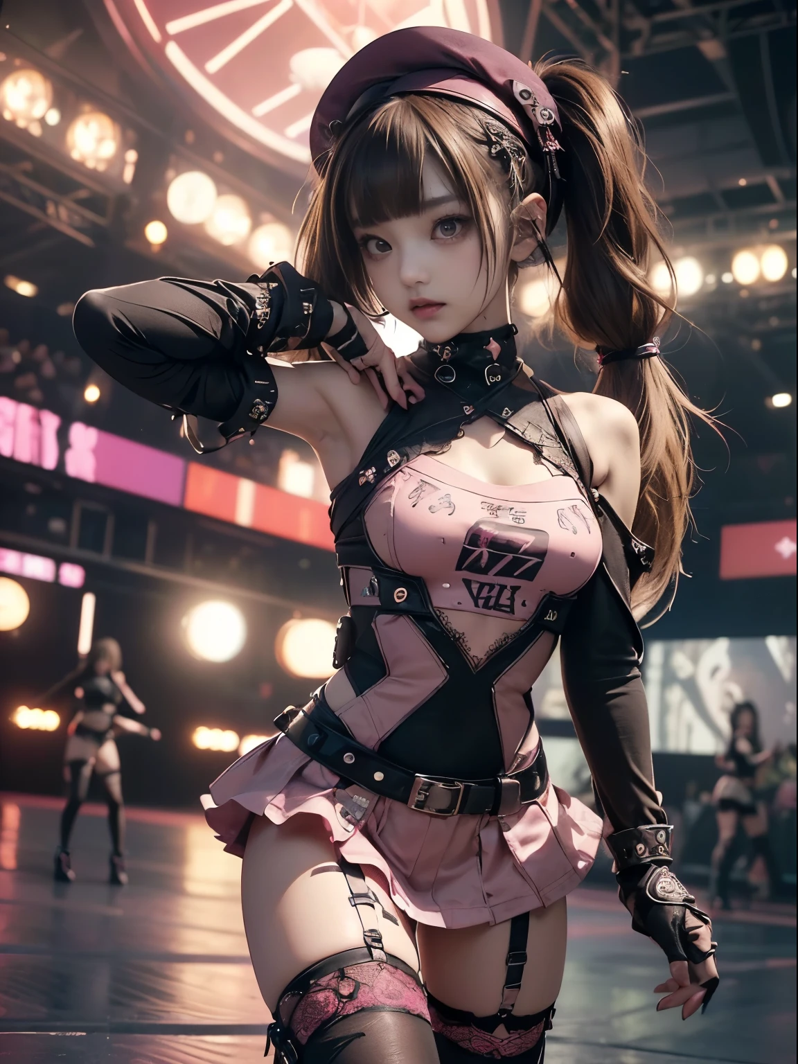 ((masterpiece, best quality, highres, UHD, perfect pixel, depth of field, 4k, RTX, HDR))), 1girl, single, solo, beautiful anime girl, beautiful artstyle, anime character, ((long hair, bangs, brown hair, curly hair:0.8)), ((green eyes:1.4, rounded eyes, beautiful eyelashes, realistic eyes)), ((detailed face, blushing:1.2)), ((smooth texture:0.75, realistic texture:0.65, photorealistic:1.1, anime CG style)), medium breasts, dynamic angle, perfect body, ((portrait, pov)), ((red bowtie, , black jacket, open jacket, brown cardigan, white shirt, black skirt, plaid skirt)), smile, amusement park