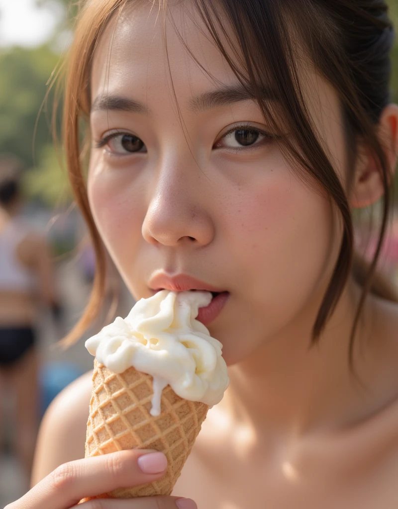 1girl wearing crop top and skirt,licking ice cream(8k,hd,ultrahd,realistic,hdr,detailed)