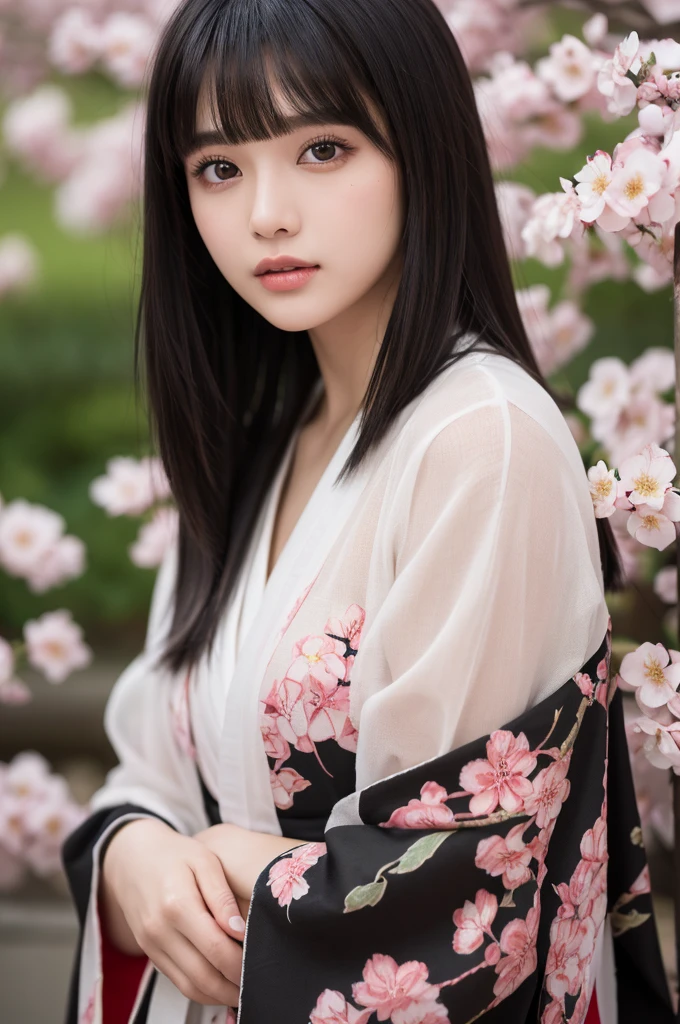Beautiful Japanese supermodel woman, A lock of hair with light highlights, black eyes, mixed media, sensual，sakura background，Beautiful kimono, Liquid color flows across her face, backlight, sensual photo, provocative cleavage.