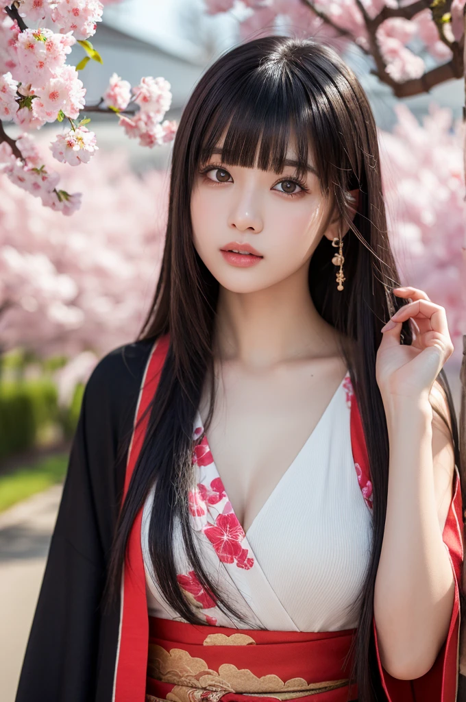 ((master piece))、((super detailed))、((beautiful girl))、(best quality)、(Cherry tree in full bloom)、(looking at the viewer)、(glamorous body)、(realistic black hair)、reflex hair、pout a little、beautiful and fine eyes、(red kimono、open shoulder、open nipples)