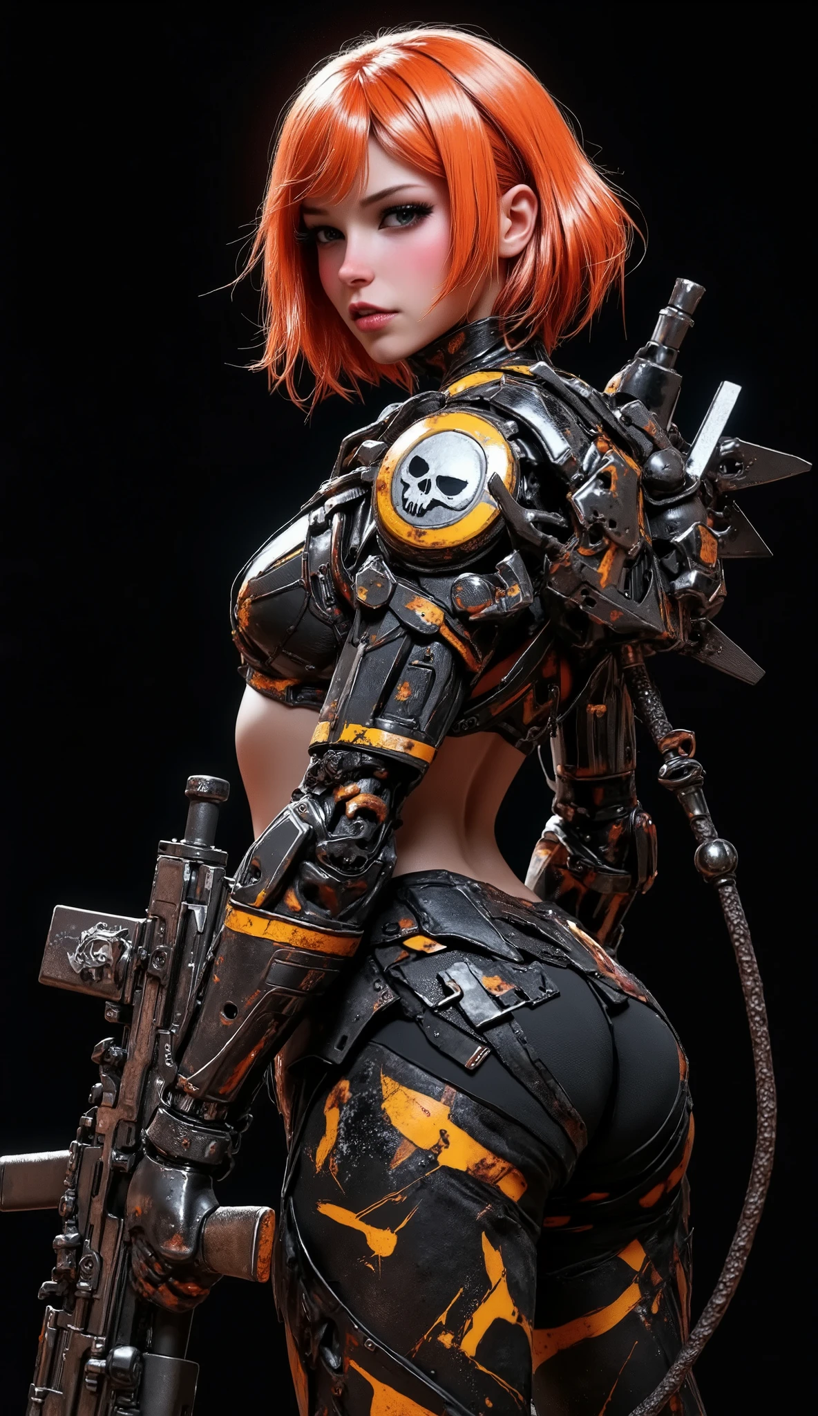 The image shows a striking female warrior standing confidently against a pitch-black background, perfect for wallpapers. ((artwork, highest quality, highest image quality, high resolution, photorealistic, CRU photo, 8k)), (best quality, 4k, high resolution, masterpiece: 1.2), ultra-detailed, (realistic, photorealistic: 1.37), ray-traced. Best quality, masterpiece, full body panoramic shot from the front, a beautiful warrior woman looks at the viewer angrily, very technological, perfect image, 8k, of a woman with orange-red hair, medium length bob cut, with bangs, very detailed blue-green eyes, full wet lips, parted lips, angry face, stares at the viewer, sensual, serious, she is wearing heavy combat suit, the woman is wearing advanced mechanized combat suit, black suit with yellow patterns, letters engraved on her left shoulder protector, a skull emblem on her shoulder, high-tech heavy armor, she is carrying in her hands an advanced futuristic assault machine gun with silencer and rangefinder sight, ammo led indicator on the machine gun, extra ammo, extra magazines and grenades, she is angry, advanced combat metal gloves, used advanced mechanized combat suit, with bumps, scratches and dirt from the combat suffered. very technologically advanced mechanized combat suit. Advanced black hydraulic tactical mech boots. Blue light indicators on the sides and arm, sophisticated and highly technologically advanced yellow polymer forearm computer. Completely black background ideal for wallpaper, absolute black image background, dynamic lighting, reflections, ray tracing, dynamic pose. High-angle view, dramatic lighting, cinematic composition, dark atmosphere, detailed facial features, photorealistic, 8K, high quality, masterpiece, overflowing desire. Absolute beauty, sexually attractive and desired. She glances sideways with desire at the sight.