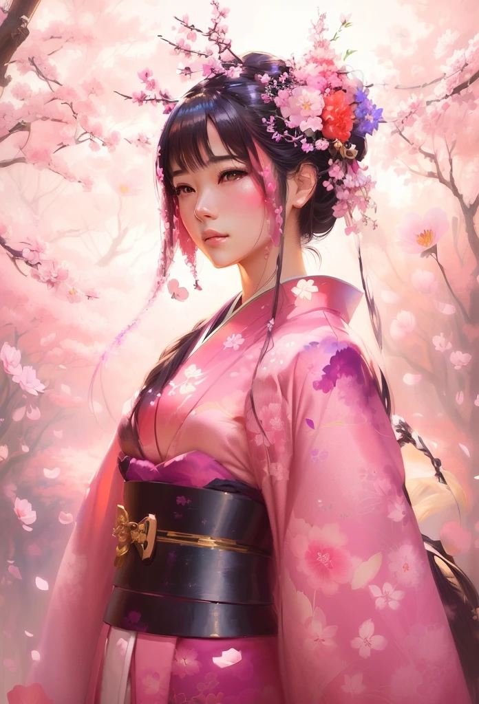 arafed woman in a pink kimono with a flower in her hair, artwork in the style of guweiz, ross tran 8 k, beautiful digital artwork, japanese art style, palace ， a girl in hanfu, japanese goddess, guweiz, elegant japanese woman, japanese kimono, japanese woman, 🌺 cgsociety