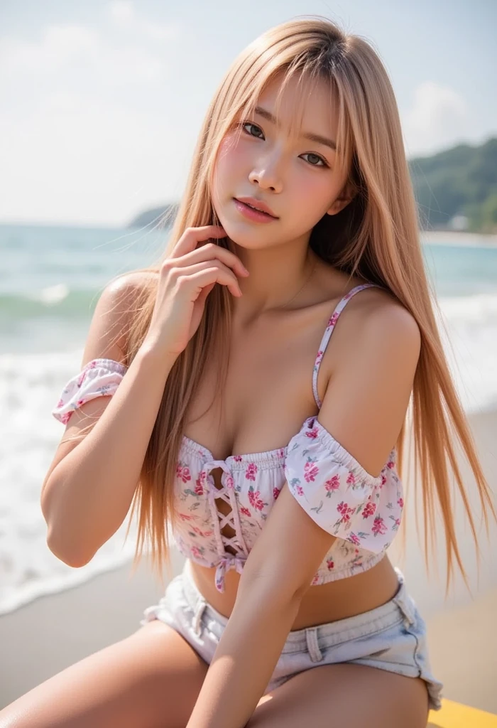 ((best quality, 8 thousand, masterpiece:1.4)), (20 year old woman), ((아주 small face:1.3)), Highly detailed face and skin textures, detailed eyes, (Italian woman), (blonde wavy very long hair:1.3), beautiful bridge, Magic, body, thighs, very big breasts, (realistic:1.37), (Lace bra:1.2), Portrait view, glowing skin, circle lens, (blue sky), (small face), (blue sky과 바다가 보이는 야외 카페 의자에 앉아:1.2), Wind-blown hair, (red dress:1.2), beautiful cafe, Sea Cafe, beach cafe, coffee shop, coffee shop, wearing sandals, wearing sandals, (german beautiful girl), German woman, german beach,