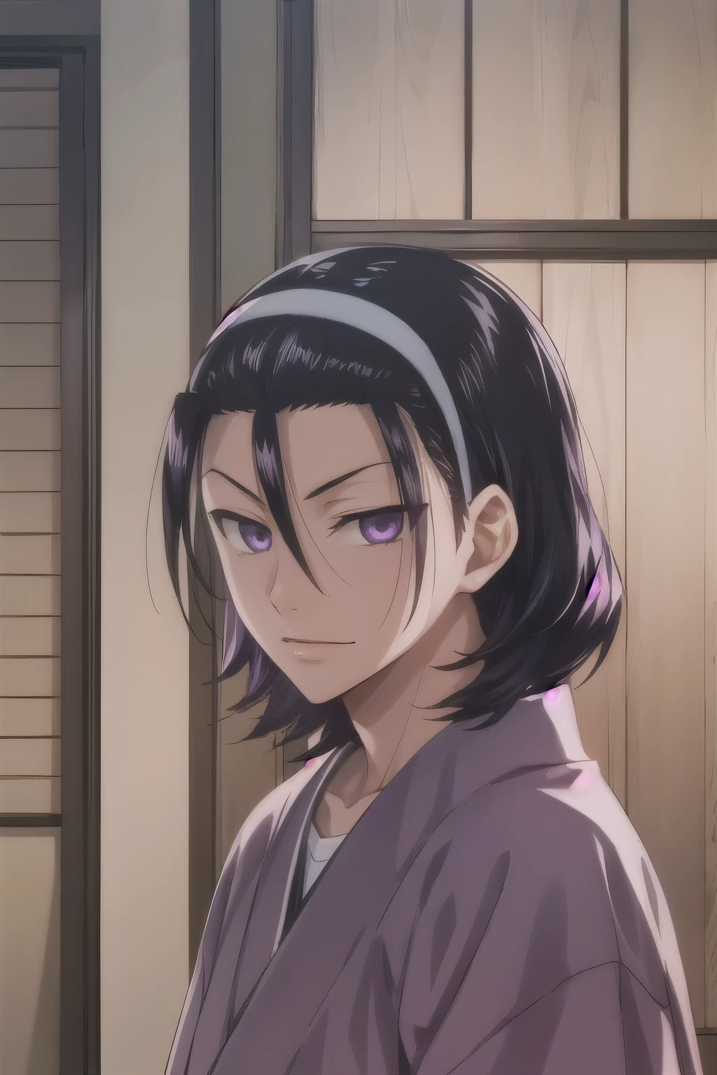 photorealistic, (4k), depth of field, ((Masterpiece)), (realistic skin texture), extremely detailed, intricate, hyper detailed, high resolution, professional photography, , depth of field, sharp detail, best quality, looking at viewer, 1boy, solo, male focus, (jinpachi_toudou), black hair, purple eyes, hair between eyes, sliding doors, tatami