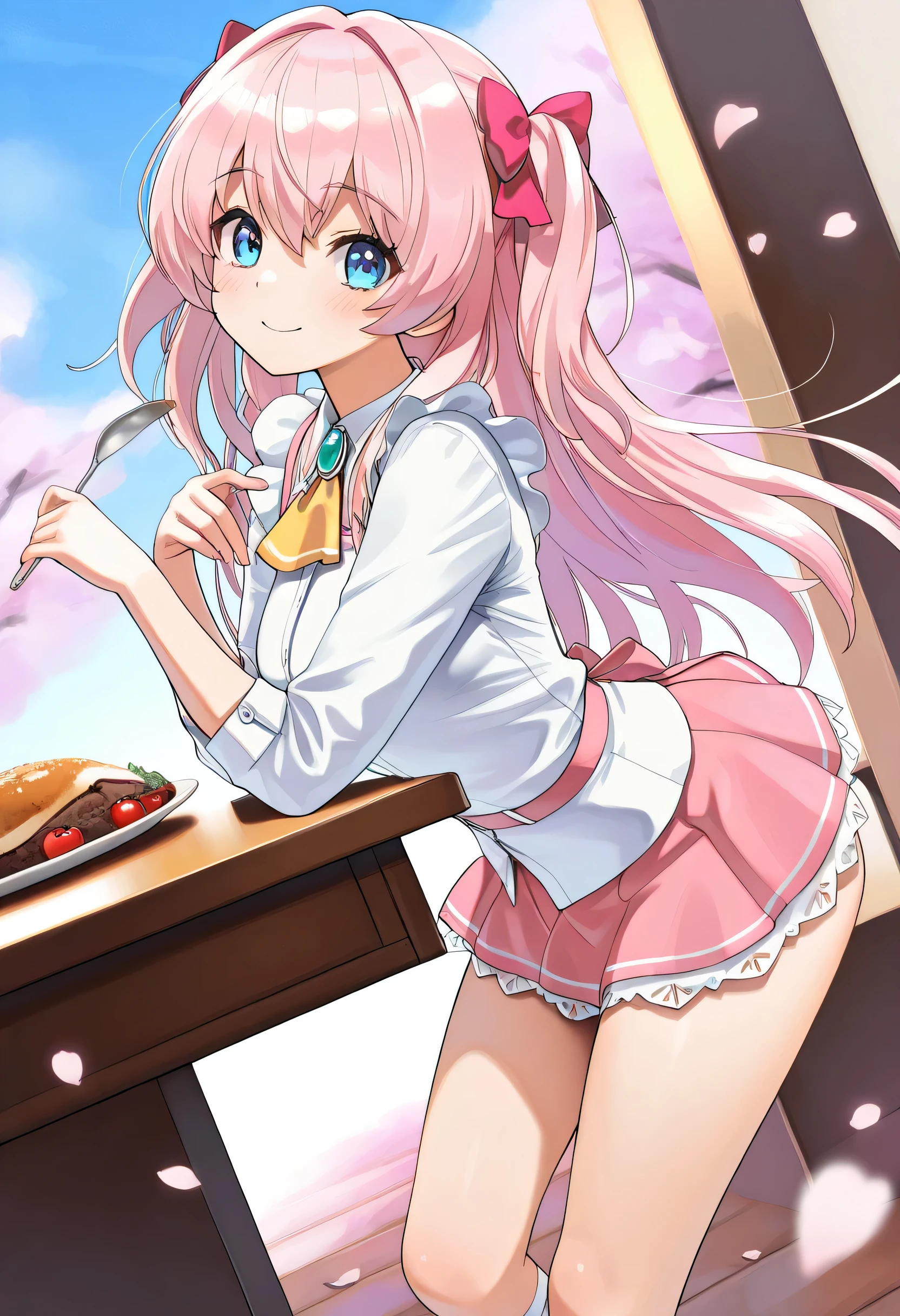 (masterpiece, Super Detail, best quality , clear focus, Dramatic scene), ( ultra high resolution, 8k), perfect anatomy, completely complete, ( detailed face , detail eyes), Beautiful 20-year-old Japanese girl , ( I'm putting my hands on my desk and ), very cute and adorable 、 ( wearing a cute ruffled waitress uniform), (gem), white knee-length socks , dynamic pose, Famous food , smile, looks so happy , ( portrait, is written in depth )、(( panties are visible))、 angle from below、(( face back and lean forward ))、「A 16-year-old anime-style beautiful girl。soft, gentle eyes and、The innocent spring smile is impressive。Pink miniskirt、Casual, spring-like clothing that combines a blouse and white cardigan。Thin thighs peeking through the hem of the skirt、that shines softly in the cherry blossom petals that flutter。cherry blossom trees in full bloom in the background、Light, hazy blue sky、Spring sunlight gently shines down。」
