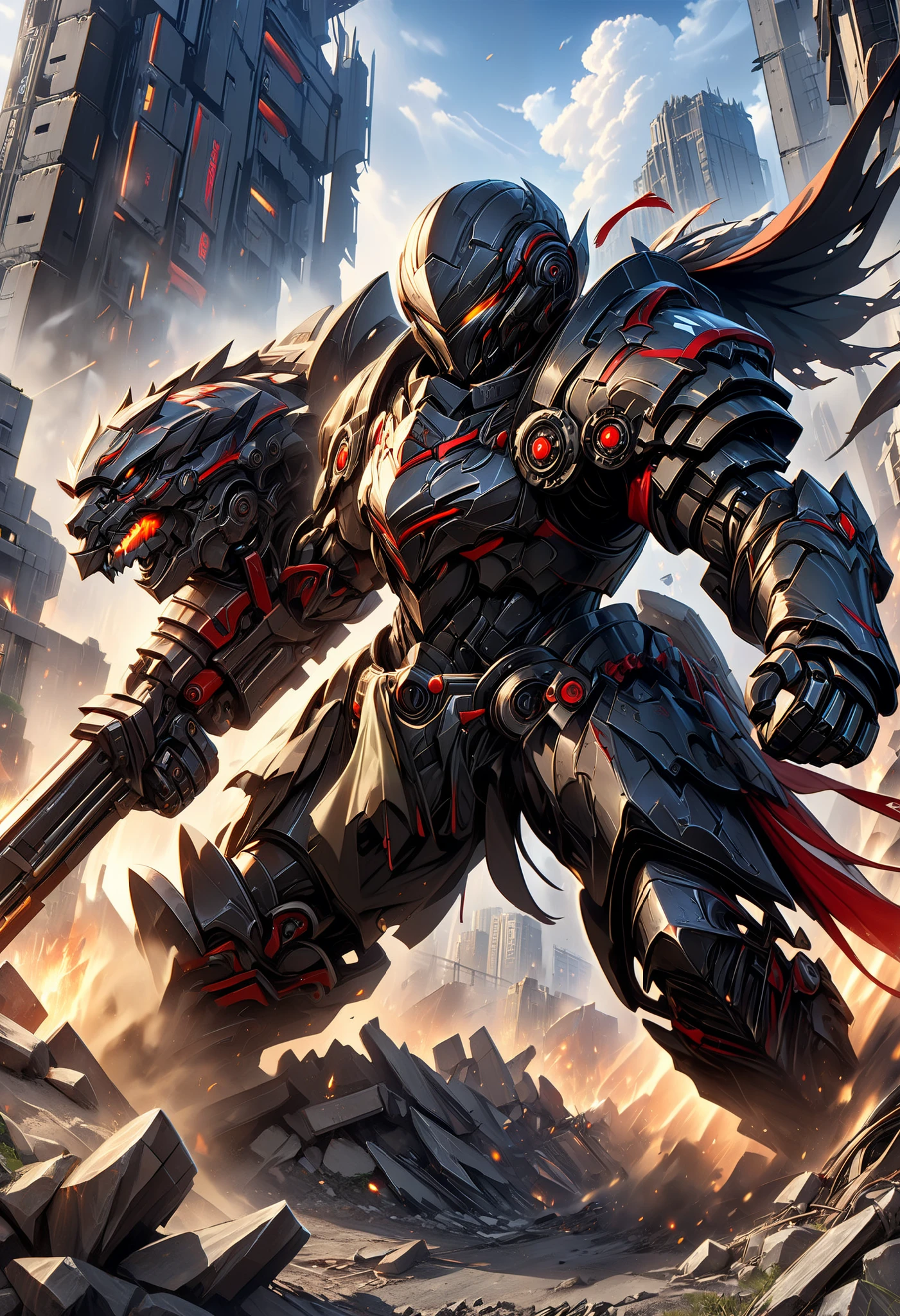 ((best quality)), ((masterpiece)), accurate, high details, Weaponized gloves, mechanical armor, heavy cavalry, science fiction movies, urban warfare, female soldiers, major, Hide behind rubble, aim at enemy soldiers.