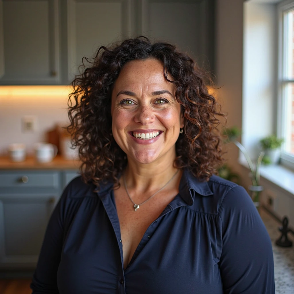 A fat woman, wearing round glasses with a very high prescription, appearing to be up to 3, thin face, thinner nose , very curly and very short hair hoop earrings in the ears, shorts below the knee, black wide smiling shirt