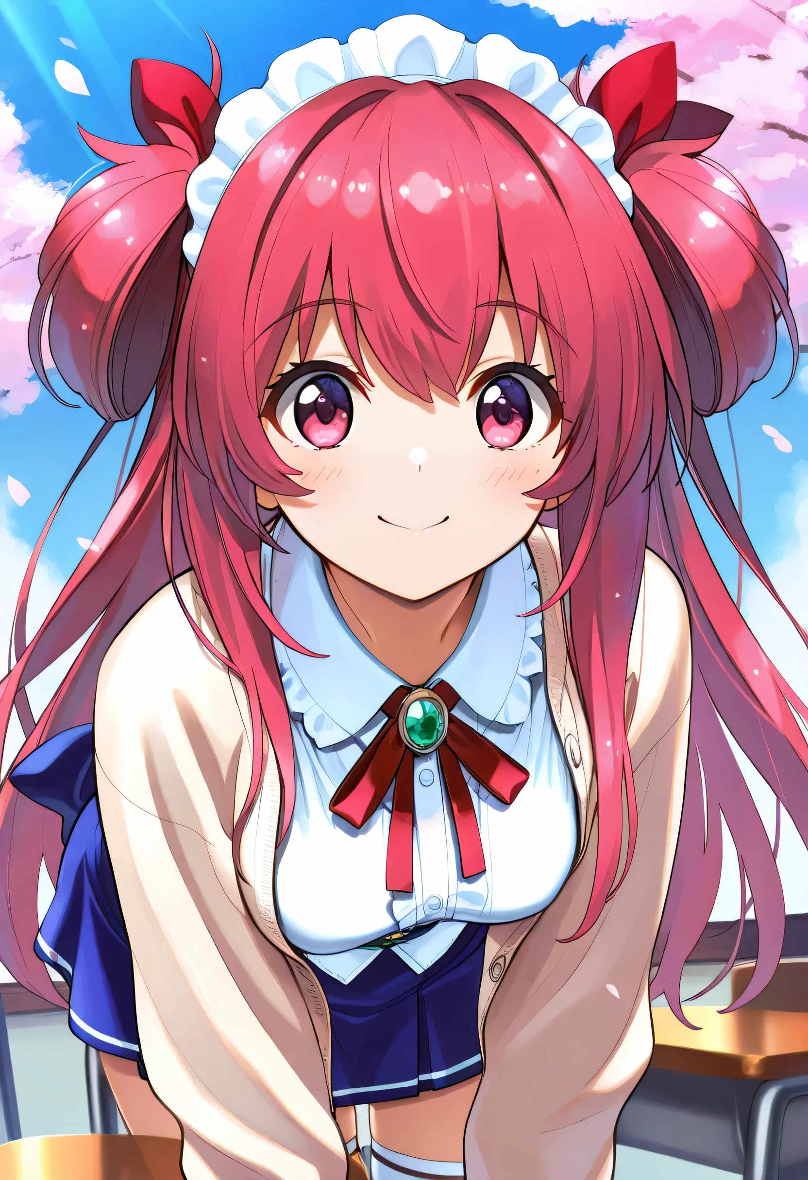 (masterpiece,  Super Detail,  best quality ,  clear focus,  Dramatic scene), ( ultra high resolution, 8k),  perfect anatomy,  completely complete, ( detailed face ,  detail eyes),   Beautiful 20-year-old Japanese Girls , ( I'm putting my hands on my desk and ),   very cute and adorable  、 ( wearing a cute frilly waitress uniform behind me), (gem),   white knee-length socks ,  dynamic pose,  Famous food  , smile,  looks so happy , ( portrait,  is written in depth )、(( panties are visible))、 angle from below、((   face back and lean forward  ))、「A 16-year-old anime-style beautiful girl。soft, gentle eyes and、The innocent spring smile is impressive。Pink miniskirt、Casual, spring-like clothing that combines a blouse and white cardigan。Thin thighs peeking through the hem of the skirt、that shines softly in the cherry blossom petals that flutter。cherry blossom trees in full bloom in the background、Light, hazy blue sky、Spring sunlight gently shines down。」