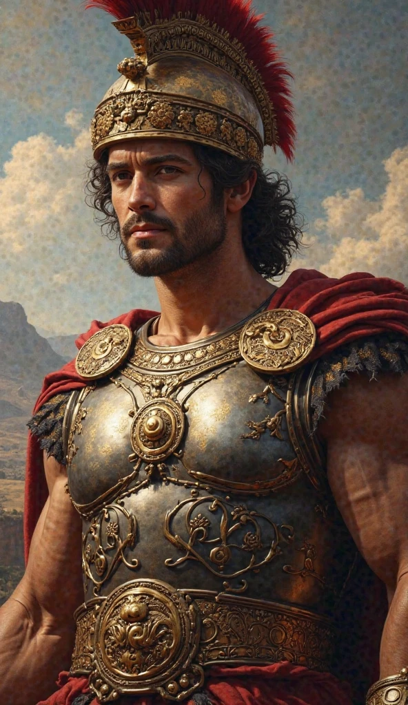 "In the image, we see Julius Caesar, an iconic Roman general, strategically mapping out his plans on an ancient map of Gaul. His determined gaze reflects the intensity of the bloody campaign that was about to begin. Surrounding him are depicted the Celtic tribes, some joining forces with the Romans, while others prepare to resist. This image captures the beginning of the epic battle for the conquest of Gaul, where ancient rivalries and unexpected alliances would shape the course of history."