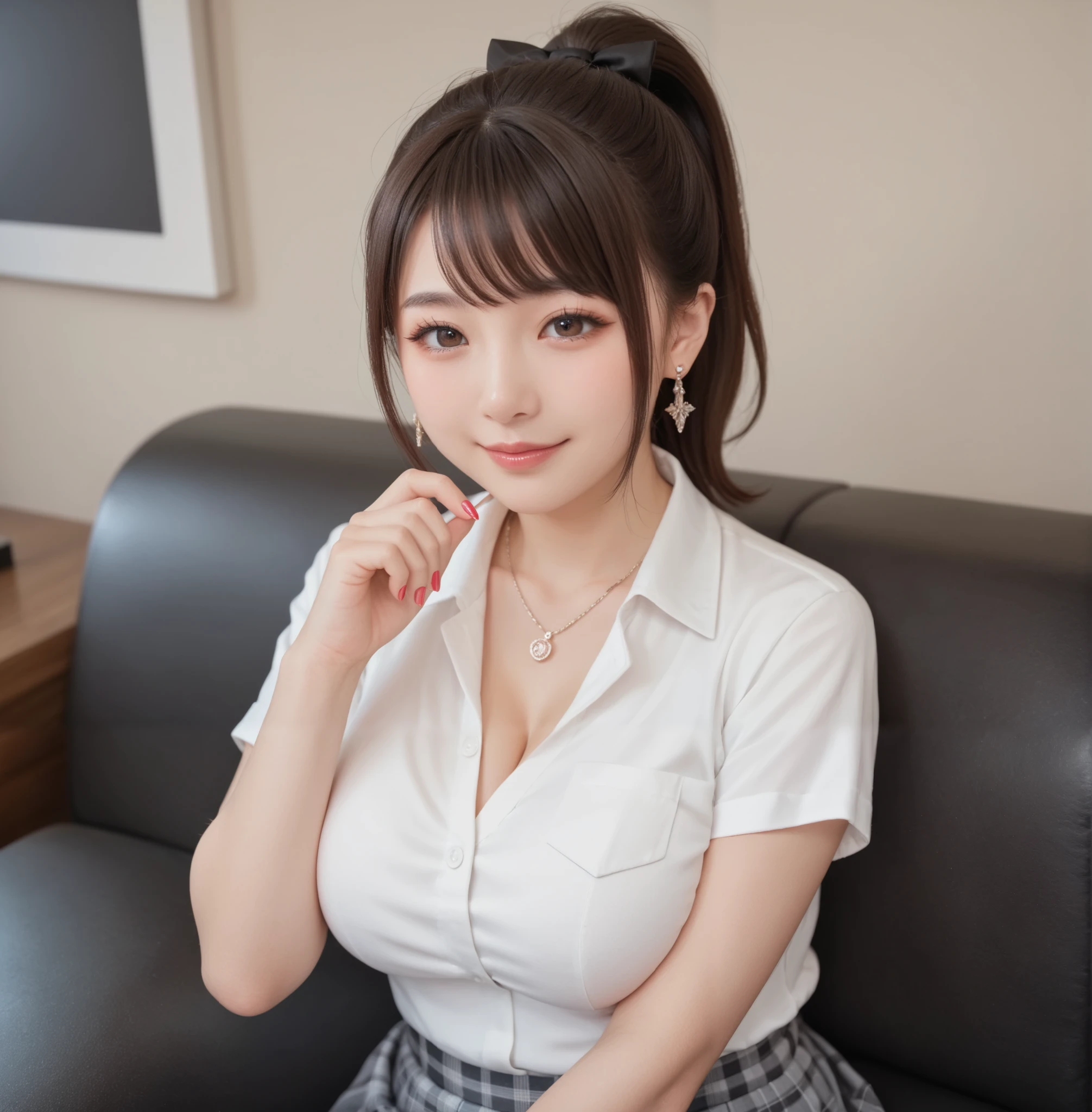 high quality of wavy lines,realistic,Detailed skin texture,Beautiful Japanese 18 year old woman,A pretty expression,seductive smile,virtual YouTuber,4K,fantasy,portrait,details,real,Professional,vivid,Bokeh,studio lighting,extreme detail,photo shoot,high dynamic range that closes one eye short ponytail (brown hair 1:2)brown eyes Big cute eyes Young face high nose small mouth long eyelashes double eyelids model figure black ribbon earrings,necklace Natural Makeup 赤い口紅,Big Breasts 1:2,stares at the audience Full body (loose and oversized black rider suit) white blouse plaid mini skirt colorful nail polish Sit on the sofa and drink tea