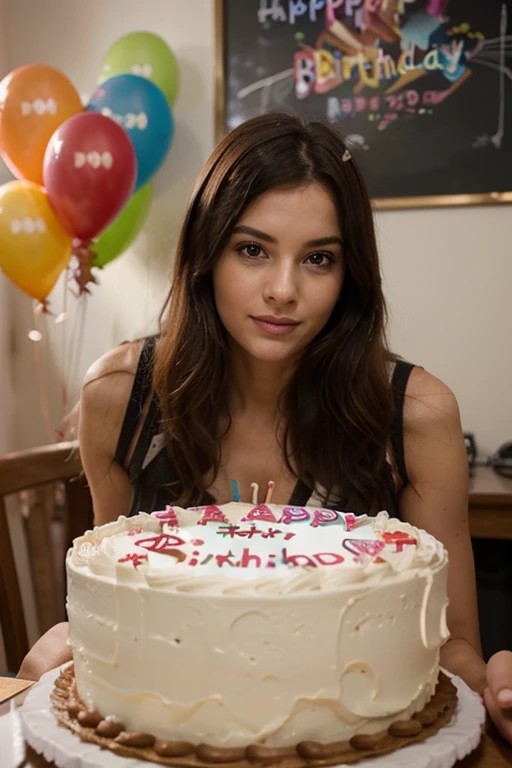 A shocked expression 19 year old girl wearing a pink dress sitting alone in front of a birthday cake. Cleavage . Close up