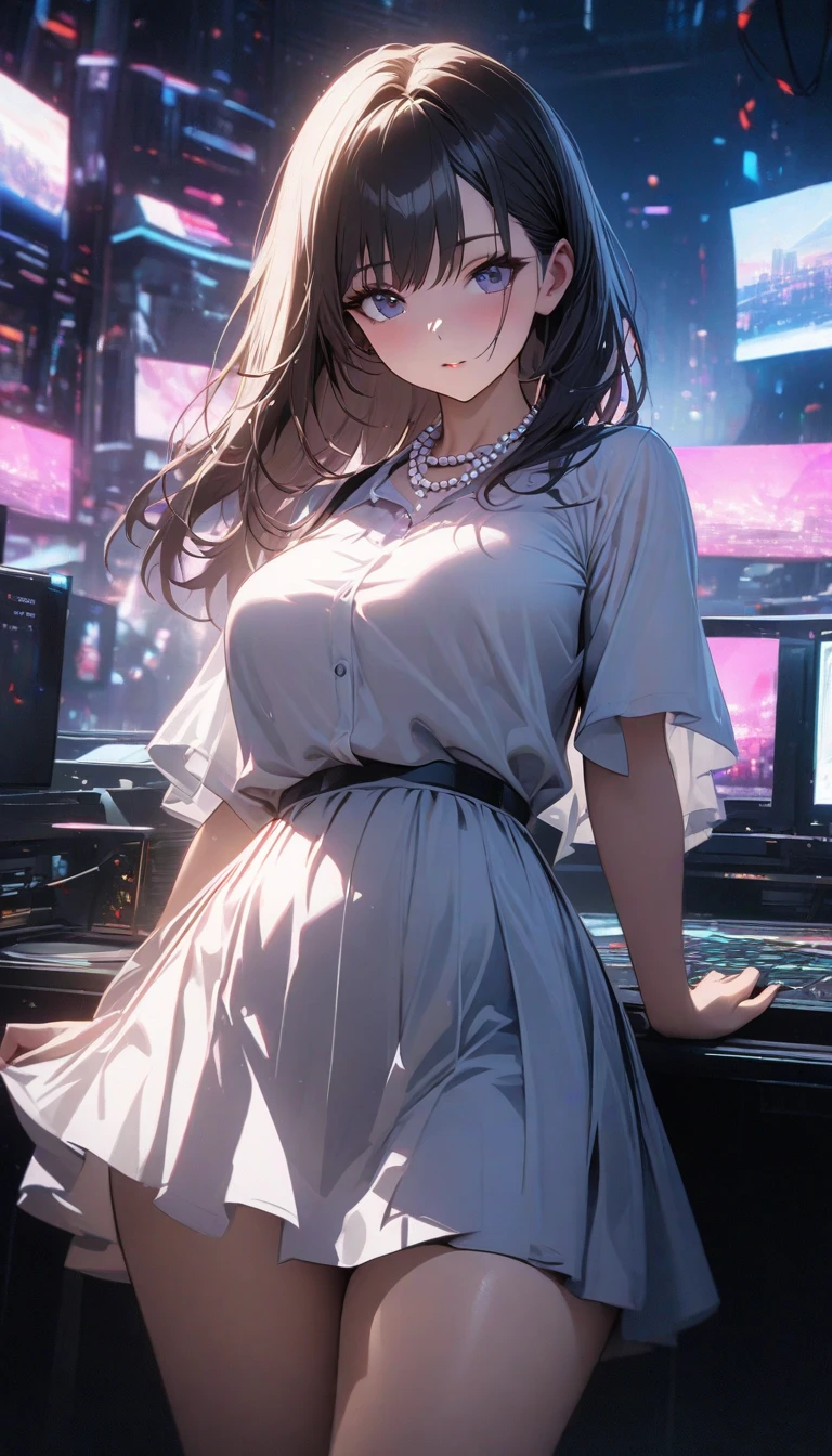 (solo), black hair, messy hair, mane hair, medium hair, dense hair, wild hair, expressive hair, mature,(25 year old), pale skin, blue eyes, ((Female)), beatiful girl, wearing a white shirt, open shirt, tight clothes, long black pants, rolled up sleeves, beautiful, attractive, large breast, and round and big ass, eye reflection, depth of field, thunder aura, cinematic lighting, ray tracing, depth of field, cinematic lighting, ray tracing, UHD, high details, best quality, highres, high quality, award winning, super detail, masterpiece, 8k, UHD, high details, best quality, highres, high quality, award winning, super detail, masterpiece, 8k, digital art, anime coloring, body shot, good face, perfect face, detailed face, good eyes. Space and planets background