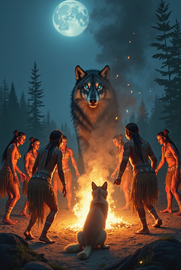 Guara wolf, wolf guará, loboguará, werewolf, Káiri. Káiri, tribes, campfire, dance, indios, indio cabeça de lobo, amazon forest, indios, werewolf with indigenous costumes, late eighteenth century, realism, photo realism, 8k, 80mm, f/1.8
