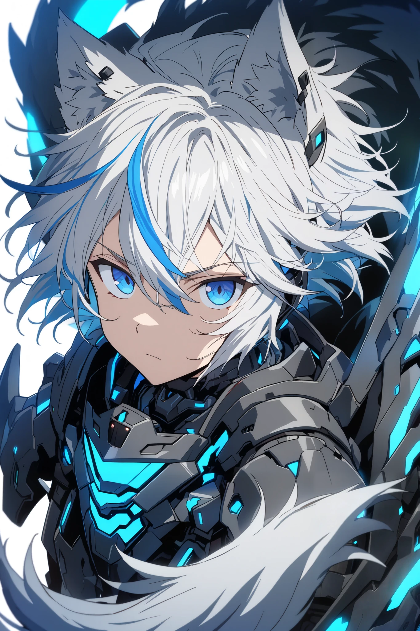 [(WHITE BACKGROUND:1.5),::5], ((masterpiece)), high quality, ultra very high resolution, full color, ((solo)), ((younger boy)), Black cyborg armor, Wolf ear,  (Wolf armor), ((Wolf mechanical tail)), ((men's White hair)), (Blue streaked hair), (SkyBlue eyes), anime, (upper body), Blue neon light,