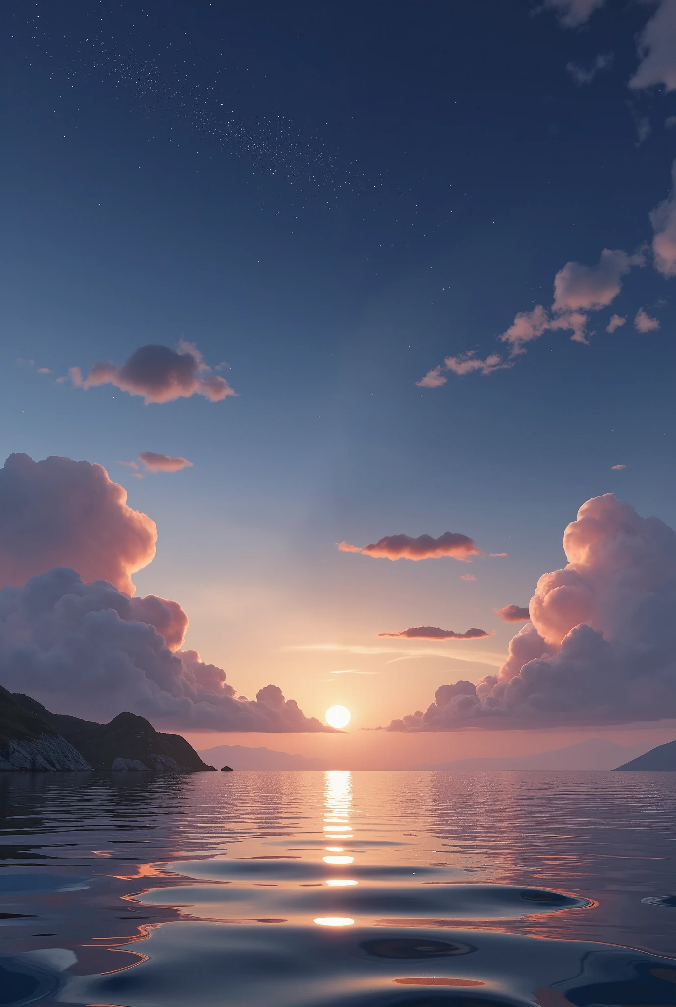 The background of the picture is a night sky，dark blue-violet to yellow gradient，cloud，8k,The shining sea,gentle atmosphere