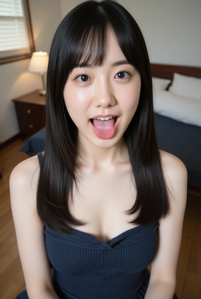 masterpiece, top-quality, Realistic skin type、Fine wrinkles on the skin、Photorealsitic、fluffy face、Private room at night、fullnude、20 years girl、long curly hair、Smile at the Japan、NSFW、portlate、Beautiful