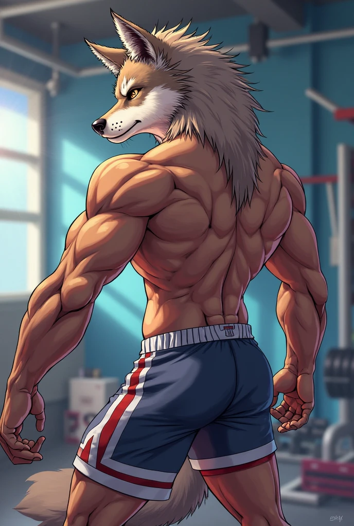 (by personalami, by hioshiru, by zackary911, by by null-ghost), male, wolf, solo, legoshi (beastars), locker room, standing, topwear, bottomwear, safe, standing, muscular, claws, eye scar,  muscular, lobo, the second, large pectorals, venous muscles, Huge muscles, flexing, wearing speedo, smilin