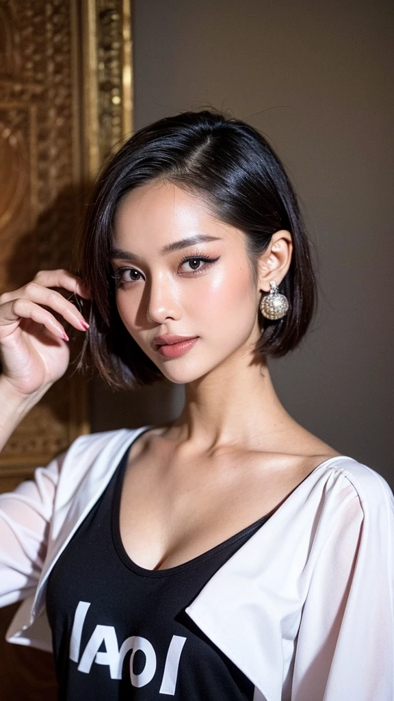 8K, table top, Raw photo, highest quality, realistic, Highly detailed CG Unity 8K wallpaper, Depth of the bounds written, cinematic light,ray tracing, (very beautiful face, beautiful lips, beautiful eyes), face with intricate details, ((highly detailed skin)) 1 girl, in the dark, deep shadow, 1 cute Japan girl, , ((looking at the viewer)),(big smile:1.3), (blurred background), beautiful earrings, bracelet, necklace, clear eyes, , (pale skin), (big eye ace forward, (upper body shot), , (looking at the viewer:1.3) open chest, Huge , Plump、 focusing,,((sheer tank top、No bra))), Random hairstyles for short hair and up hair、black hair、blush、Sexy Inviting Poses、Fuck me eyes、18 ~ Random age between 35 years old