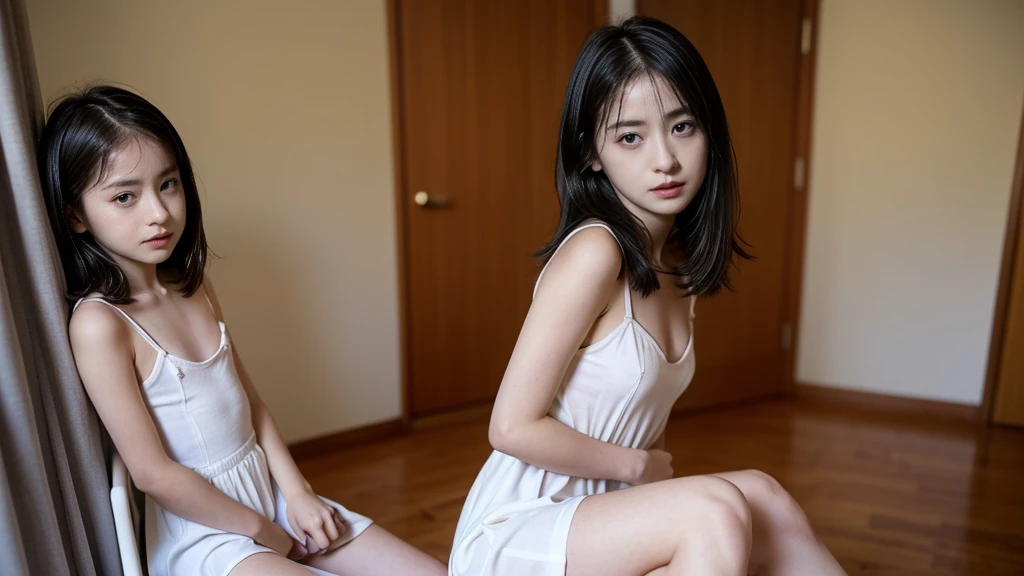 Two girls standing at ear window in school classroom,White dress,break,bangs,smile,Short hair with low pigtails,from before,Front light,((12 year old 、slender、delicate、Sexy clavicle and flat chest、Very small breasts))、My whole body is soaked、White dressが濡れて透けている、Her white panties are visible from under her skirt