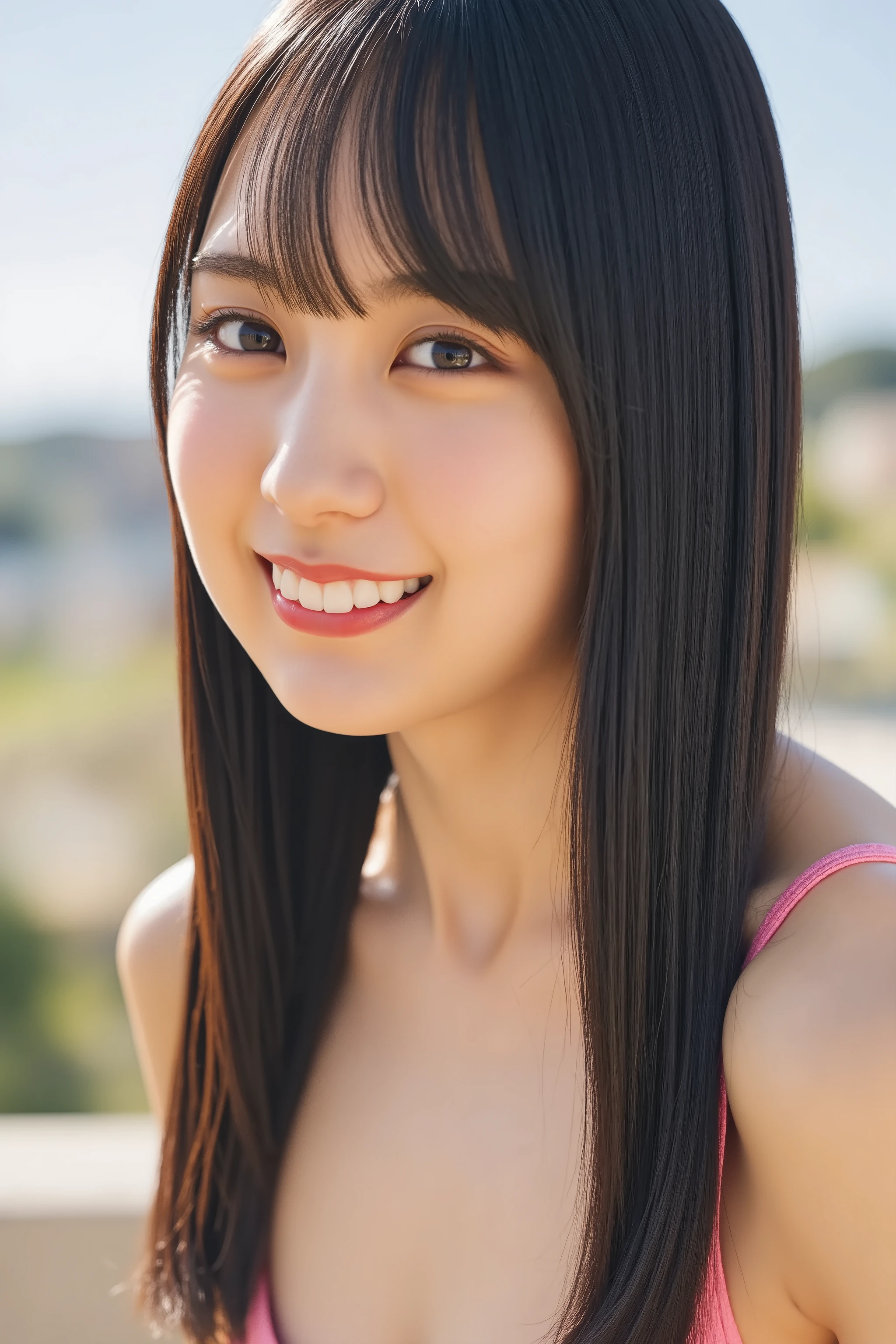 A high resolution photograph of a naked Japanese young woman named Kaki Haruka with straight long black hair with blunt bungs. flat chest, small breast, cute, sexy, beautiful, smile, teeth, looking at the viewer, natural lighting, film grain, lens flare glow, masterpiece, best quality, photo-realistic, realistic, extremely detailed, Intricate details, 8k,