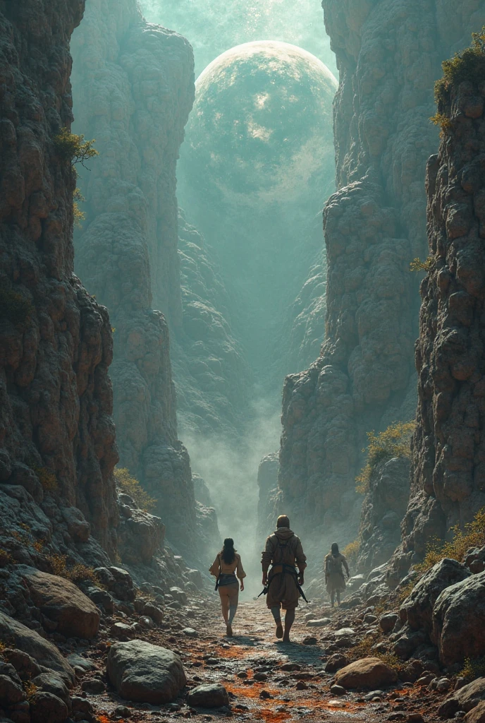 Create a highly realistic image of a Setting: A deep, dark cavern with rocky walls and stalactites. The lighting is dim, provided by torches or glowing crystals on the walls.
4 Characters: Pedro, Lívia, Thiago and Fernando descending a stone staircase or using ropes, with expressions of determination and caution. They should be visibly united, showing their team spirit.
Additional elements: Impressive details of the cave, such as ancient inscriptions on the walls, small underground streams, or creatures lurking in the shadows. The color palette should be somber, with shades of gray, dark blue, and touches of golden or orange light from the torches.