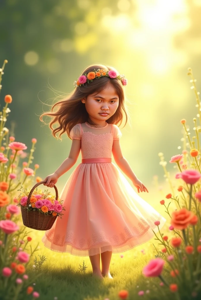 Create a magical children's garden. flores feliz. arvores feliz. animais, uma menina e um coelho encantado