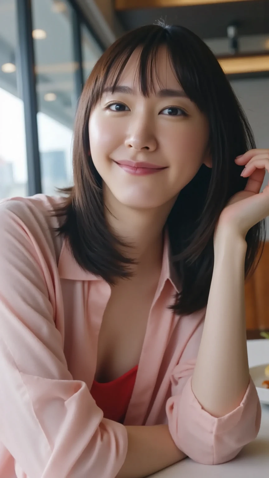 (Raw Photo), (Photorealsitic), (Masterpiece), (Best Quality), High Resolution, 8K, (Intricate Details), (Voluminous Light), Portrait, Female, (45 Years Old), Medium Straight Hair, layered hair, brown hair, very fine eyes, source order, very fine eyebrows, very fine skin, very fine mouth, very fine nose, cute like an idol, happy smile, (thick lips), (looking at the viewer), (Elegant Transparency blue Off the shoulder Short Sleeve dress), Normal chest, emphasize the chest area, waist shot, (Random body turning posture),