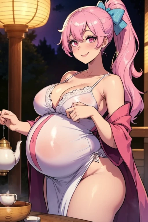 Full body girl, pregnant, cum on thighs, huge belly, cum on belly, huge breasts, cum on breasts, lactation, lactation through clothes, yellow eyes, glasses, shy, exhausted, earrings, hair ribbon, long hair, side ponytail, pink hair, tsundere, embarrassed, pout, visible belly, hands on belly, no bra, barefoot, traditional japanese clothes, best quality