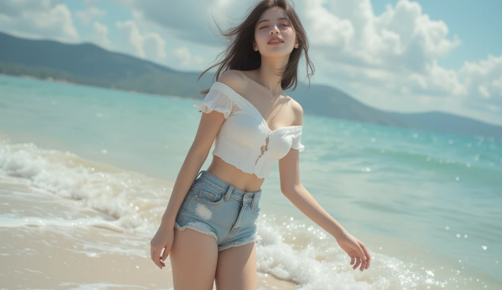 (Masterpiece, Best Quality), Smile, one person ､pale skin, (baby face), runing.island beach background, (See-through off-shoulder, transparent crop top, waist-high skirt, tight mini skirt:1.3), (skinny thigh:1.9, narrow waist, skinny body, long legs, skinny legs:1.9), blonde hair, (huge boobs, lift butt up, straight legs), (wide thigh gap:1.6, wide gap between thighs:1.6), nipple projection, pink boobs bulge, camel-toe bulge, (face teenage Barbara Palvin)