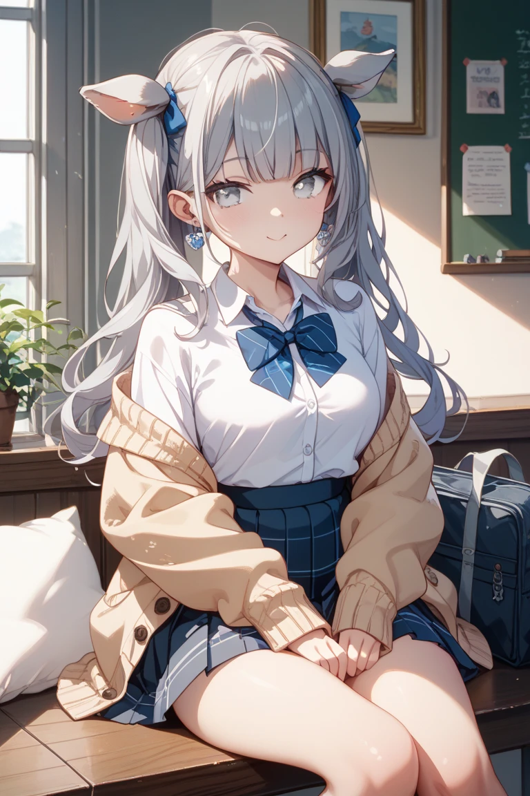 ((1 girl:1.5))、(smile:1.5)、、(cowboy shot)、(fun!!)、(white cardigan:1.5)、(dog ears)、(silver hair)、blush、(long hair)、(eye highlights:1.3)、blake black shoes,(黒いskirt:1.5)、bow, button, shirt with collar, long sleeve, ((red bow tie, ,, white shirt, チェック柄のskirt:1.5、white socks)),, shirt,, skirt, socks, thighs, white shirt, Rest indoors, ((classroom:1.5))、 BREAK while watching the audience、 (perfect hands, perfect anatomy),cowboy shot、(skirtlift:1.3),(highly detailed white panties:1.3)、(highly detailed panties:1.3)、、(skirt that rolls up:1.3)、(fully exposed panties:1.5)、light blue eyes