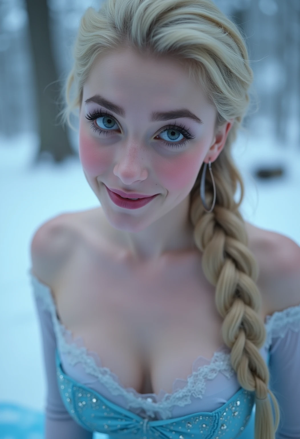 Looks like Jennifer Lawrence, stunning beauty, snow white queen, queen of the snowland, Jennifer Lawrence snow fae princess, eyeliner, beautiful eyes, photo real, (8k, RAW photo, highest quality), hyper realistic, red ruby gemstone suit, hauntingly beautiful illustrations, fairytale-inspired, winter snow background, blurry background