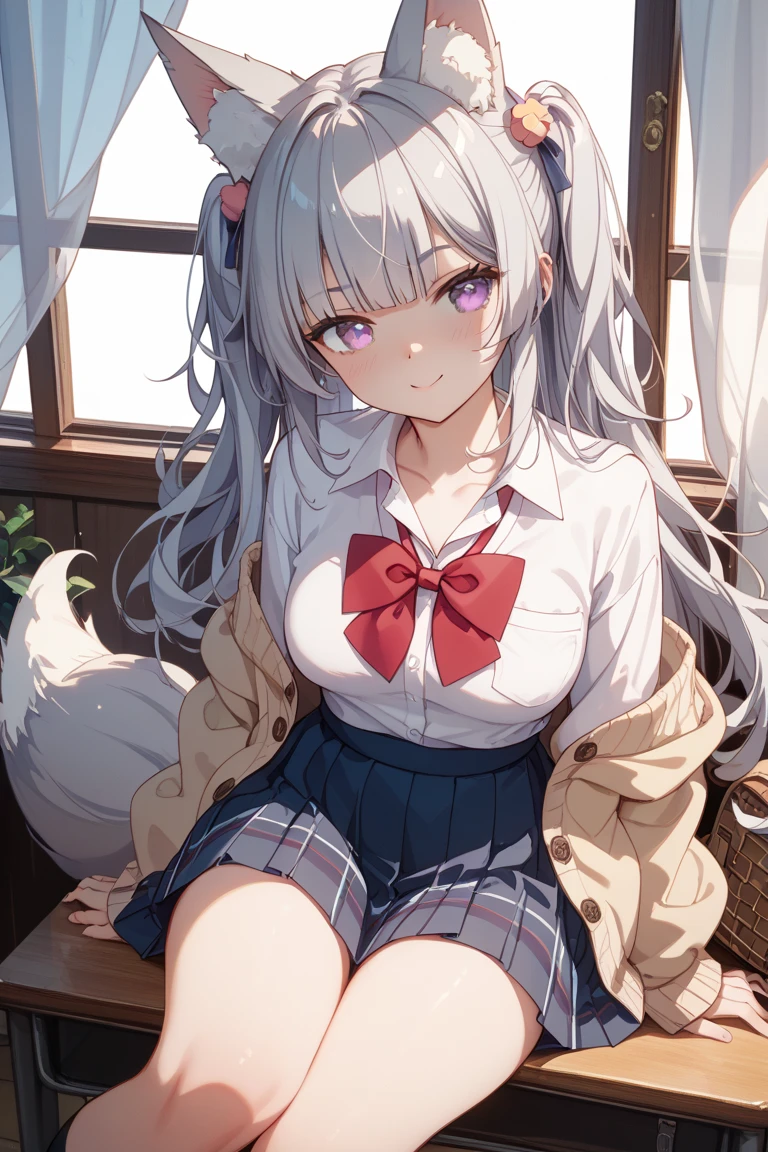 [Miruko; Boku no hiro academia], ((solo portrait)), ((High definition)), ((anime)), ((Kohei Horikoshi)), ((raytracing)), ((detailed shading)), ((cinematic lighting)), {Miruko; (tanned skin, maroon eyes, long white hair, long white bunny ears, small fluffy white bunny tail, maroon eyes, large boobs), (ua school uniform), (white button-up shirt, red tie), (blue skirt), (expressionless), (muscular legs, defined arm muscles)}, {(sitting on bench), (looking at viewer), 1 leg up, legs spread) [Background; (outside daytime; park, trees, sun rays through trees)]