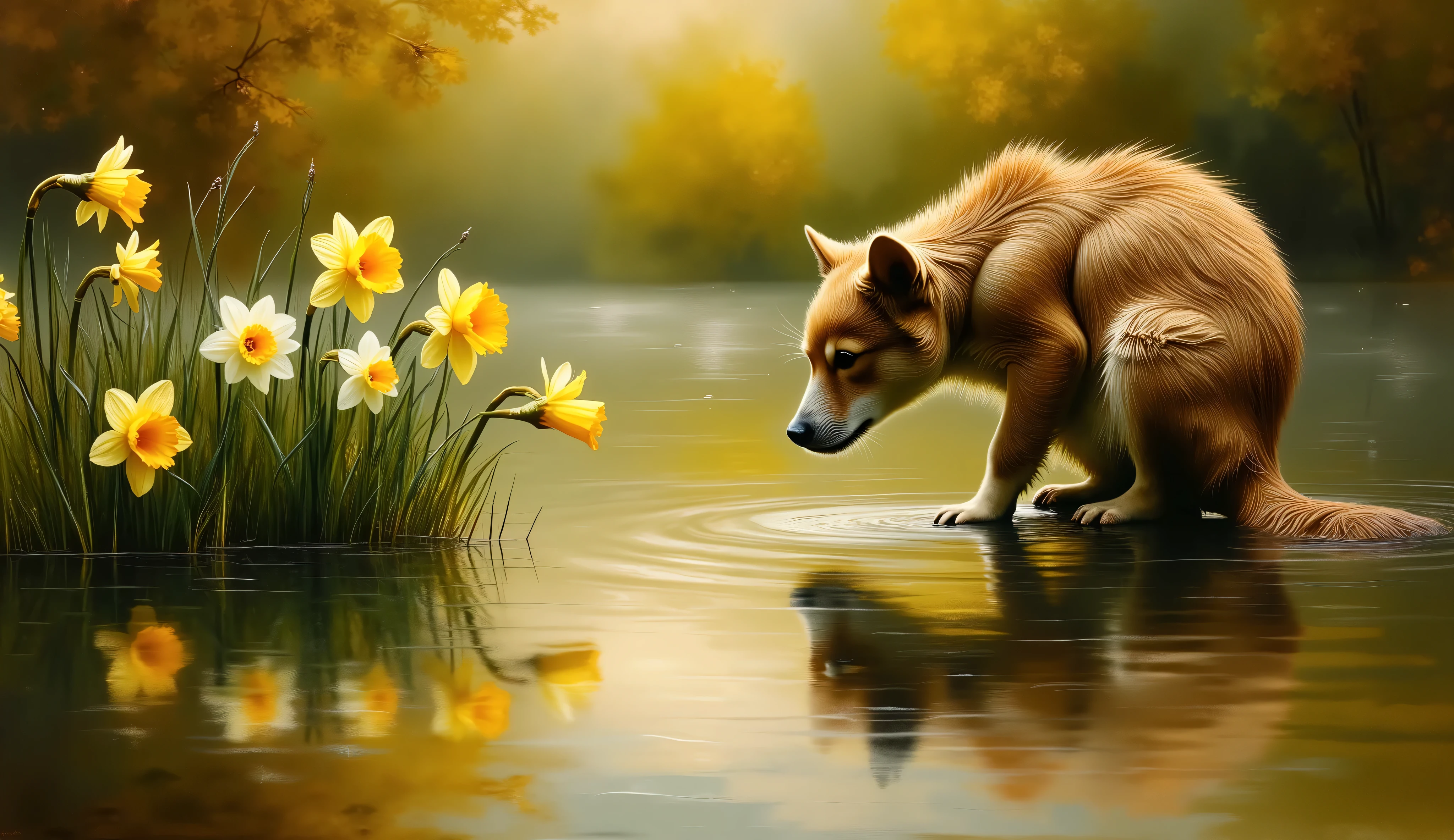 naturalistic oil painting of Narcissus, caught in a moment of admiration as he gazes into the still waters of a lake. The color palette is dominated by warm burnt orange and olive green, with Narcissus flowers visible along the shoreline, their vibrant yellow and white petals reflected in the water. The atmosphere is peaceful, filled with the tranquility of nature, and the soft play of light and shadow highlights the beauty of the scene.

