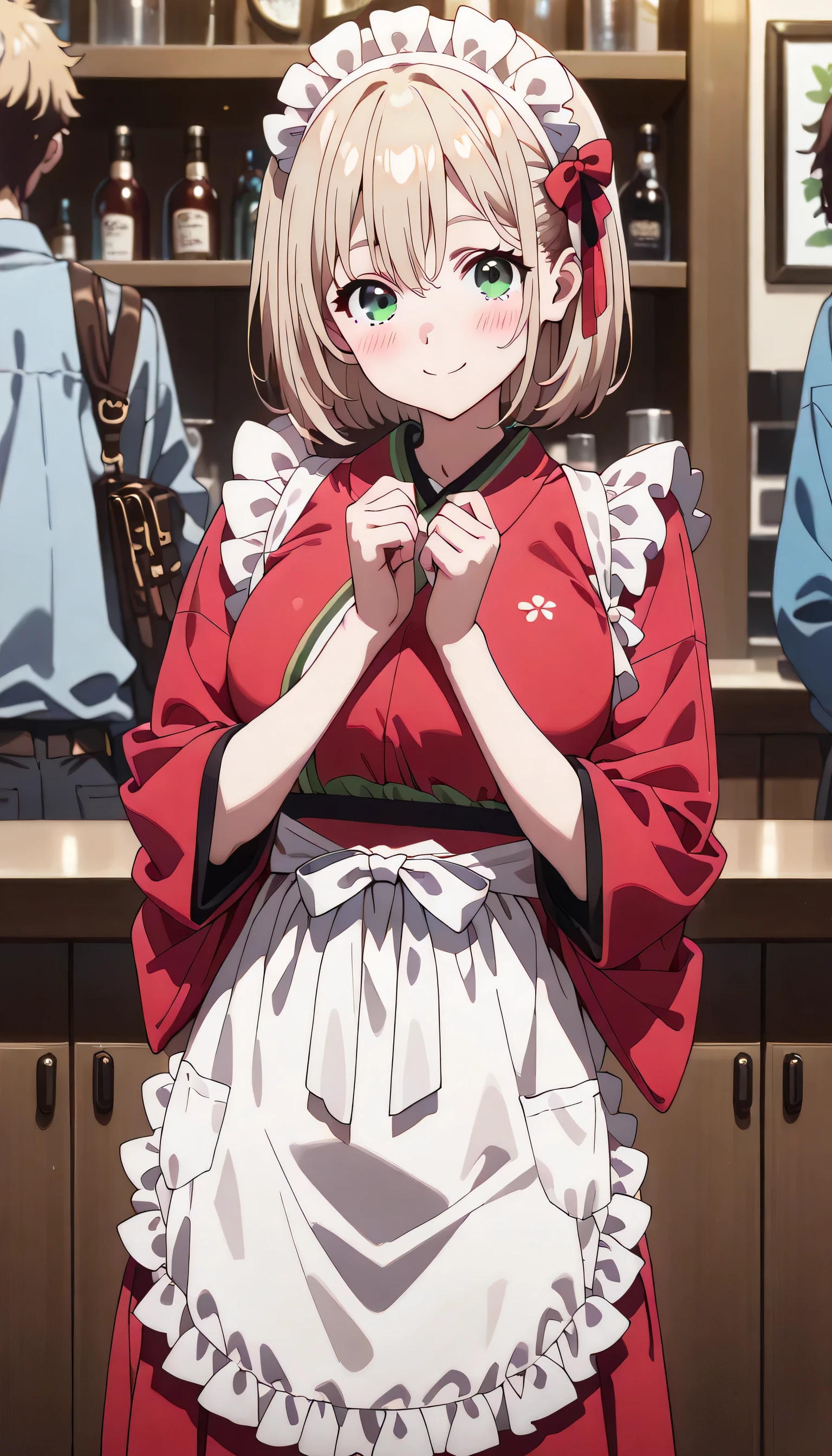 ((ultra-detailed)), (highly detailed CG illustration), (best quality:1.2), ultra-highly detailed, colorful composition, artistic photoshoot, 1girl, solo focus, ((cowboy shot:1.4)), moe anime character, girl, dainty facial structure, (baby face), (round face), ((rounded chin:1.2)), Japanese clothes, kimono, apron, red ribbon, waitress, red kimono, ((smile:1.2)), ((blush:1.4)), ((looking viewer)), ((lovely background)), dynamic pose, contrapposto pose, わfrom front, best quality, masterpiece, expecting, pink cheek, blush, light pink gloss slip, portrait, depth of field, soft lighting, sidelighting, (shine), lighting, caustics, ray tracing, perfect face, lustrous skin, highly detailed face, perfect face, perfect nose, perfect hair, perfect anatomy, beautiful hair, beautiful small face, extremely detailed face, beautiful clavicle, beautiful body, beautiful ample breasts, leavage, breasts squeezed together, equalize the size of the left and right breasts, beautiful fingers, 4 fingers, 1 thumb, lovely, (very detailed background:1.0), (highly detailed background:1.0), spring aesthetic, intricate details, joyful atmosphere, spring colors palette, chromatic aberration