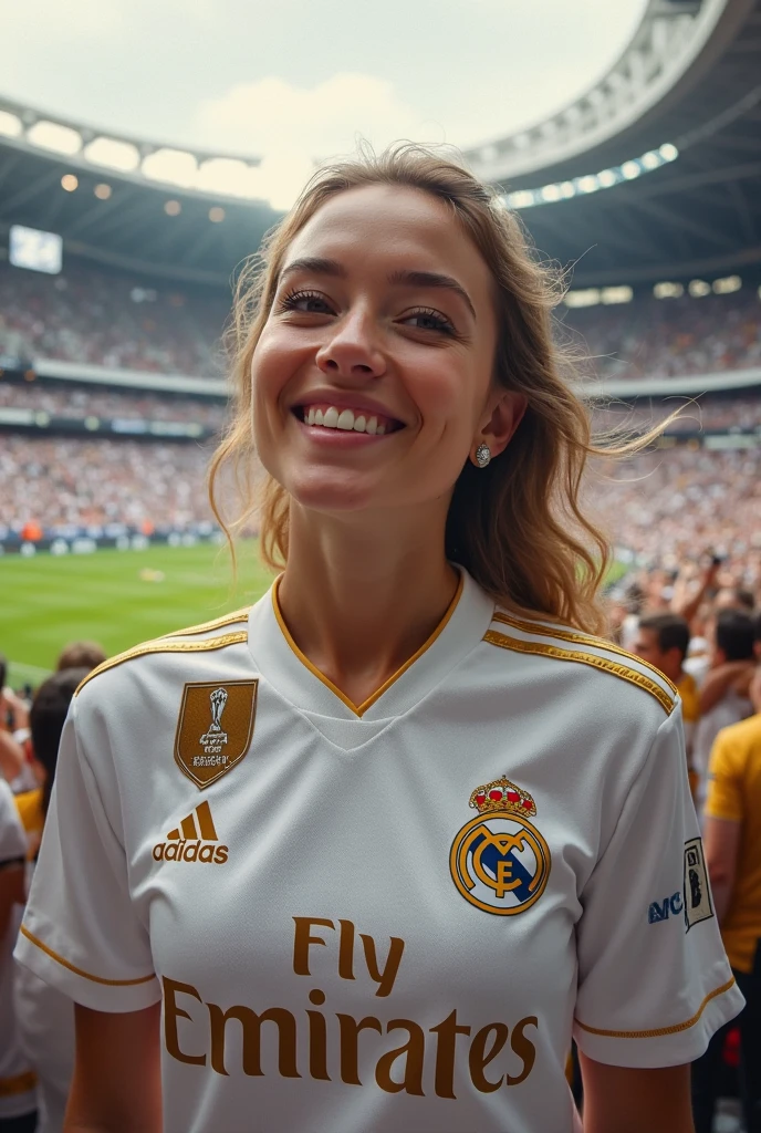 A woman resembling Taylor Swift in a Real Madrid jersey