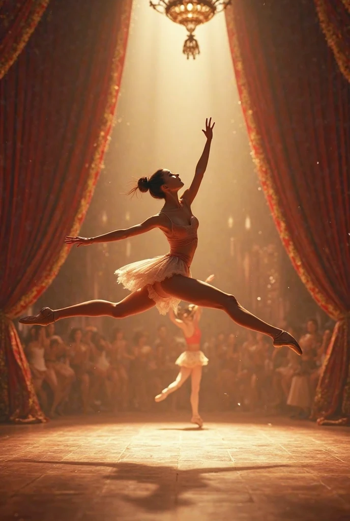 The task is asking for a detailed description of the image's content. The description should be focused on the objects and features present in the image, such as the woman's attire, her hairstyle, the background elements like the circus tent and the crowd, and any other notable details that contribute to the overall theme of the illustration. The description should be objective, focusing solely on what is visible in the image without inferring any context or narrative beyond what is presented.