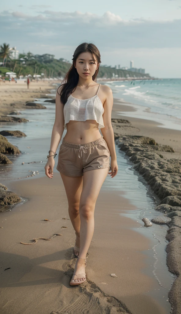 standing on the road at the beach, model photo, wearing a bikini with a tight white shirt, medium bust, wide hip, smiling, flirty face