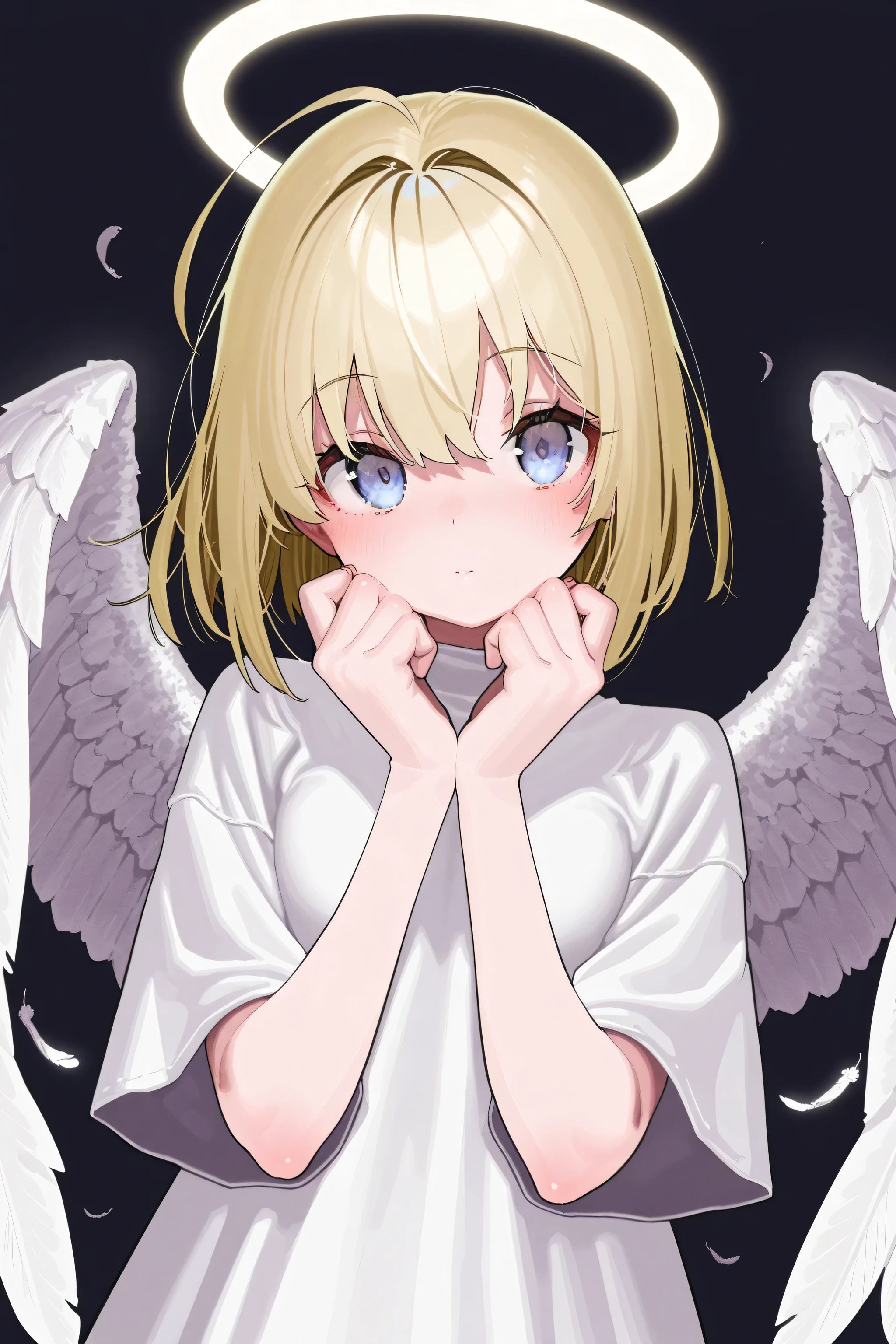 [artist:yoneyama mai], [artist:kanzarin], [artist: ekrea_jan], masterpiece,best quality,amazing quality, 748cmstyle, eye focus, 1girl, halo, white clothes, angel wings, blonde hair, youthful, beautiful eyes