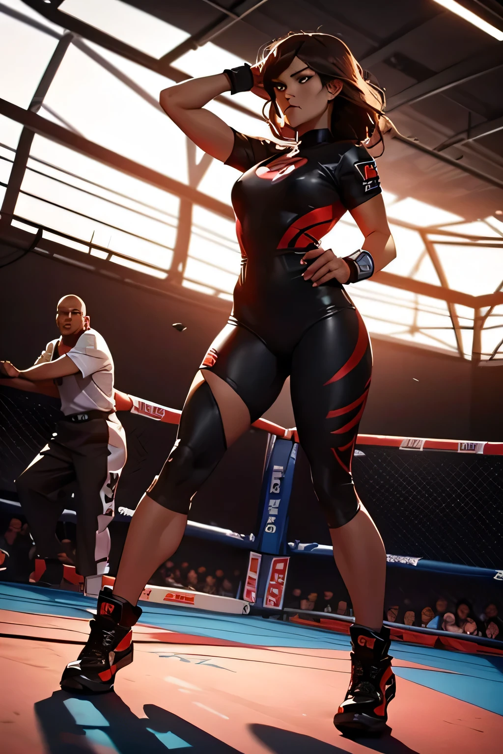 ((full body shot)), beautiful female wrestler in a women's wrestling match, small, thin, black hair in a ponytail, bangs, wearing large glasses, ((challenging smile))