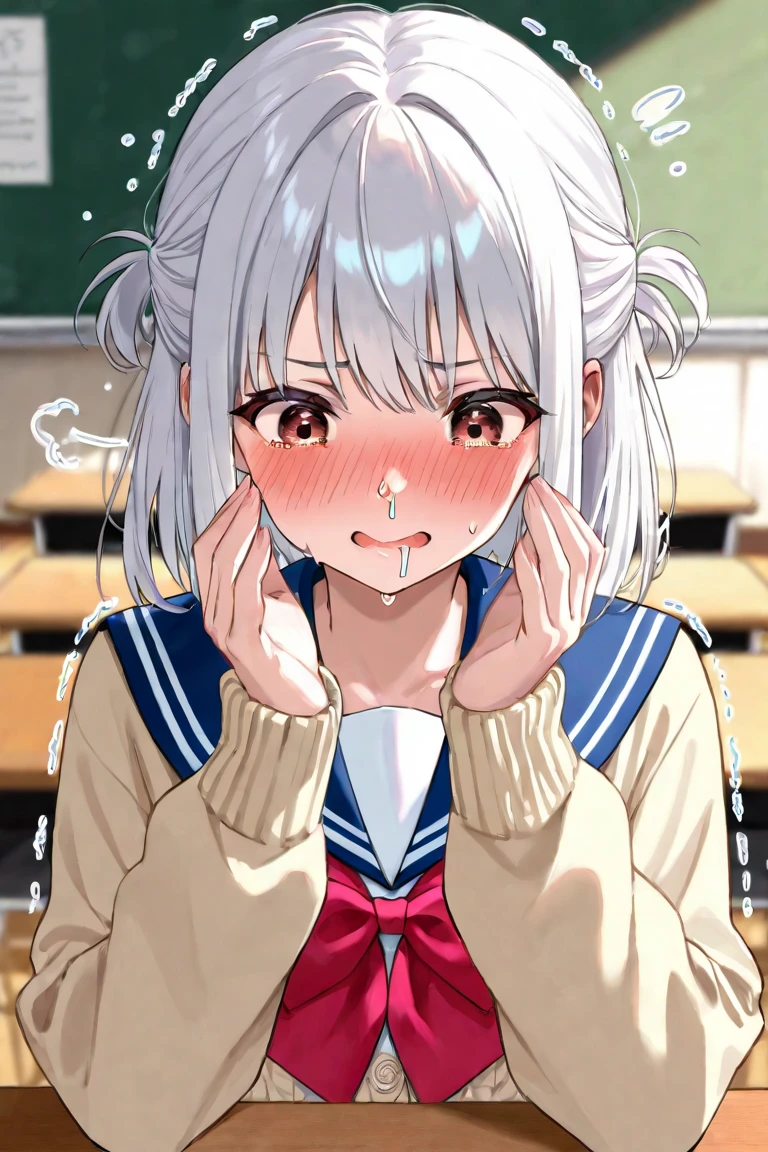 nsfw, (masterpiece), (photo realistic1.4), ultra high res, best quality, 8k BREAK solo, solo, 1girl, (idol master),(anastasia),(, an extremely beautiful girl, beautiful face, perfect face, cute symmetrical eyes, double eyelid,blue eyes,flat chest,midium breast,Slender figure, (silver hair), (extra short hair), (kneeling down on the ground),(japanese high school sailor uniform),(open clothes), (pubic silver hair:1.5),(Front view),(((multiple boys:1.9, peeing on a girl,multiple penises:1.9, gangbang))),((ecstasy torogao, saliva trail, nose blush,one eye closed,out tongue)),cleavage of the breast,happy,((smile:1.9),((cum on body:1.9)),((cum on face:1.9)),((cum on hair:1.9)),((cum in mouths:1.1)),((sitting,cupping hands, open mouth, own hands together)),(one eye closed),(looking at viewer),(night time,class room),(((multiple boys, peeing on a girl, facial, cum on mouth, cum on body, multiple penises, gangbang, penis on head, holding penis))),ecstasy torogao, ahegao,saliva trail, nose blush,cum shot,(bitch:1.1),(Commemorative photo:1.5),(spoken heart:1.5),(background,indoor,classroom),
