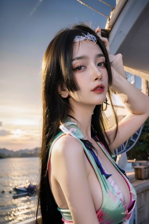 (masterpiece, best quality:1.2), 1girl, solo, ((bare shoulders)), (actual:1.37), ((lying on a beach)), ((Bird&#39;s eye view shot)), Sweet maiden, beautiful妆容, Exquisite makeup, Extremely beautiful eyes, long hair, curls, slim body, ((big breasts, Big breasts, cleavage)), Sexy slender legs, The skirt is short, Leaking sexy legs, elegant posture, best quality, correct, correct的手, correct的腿, 解剖学correct, official art, complex, detail的脸, detail, lifelike, Very detailed, amazing, beautiful, Young and energetic, Charming model, Meticulous CG Uniform 8k wallpaper