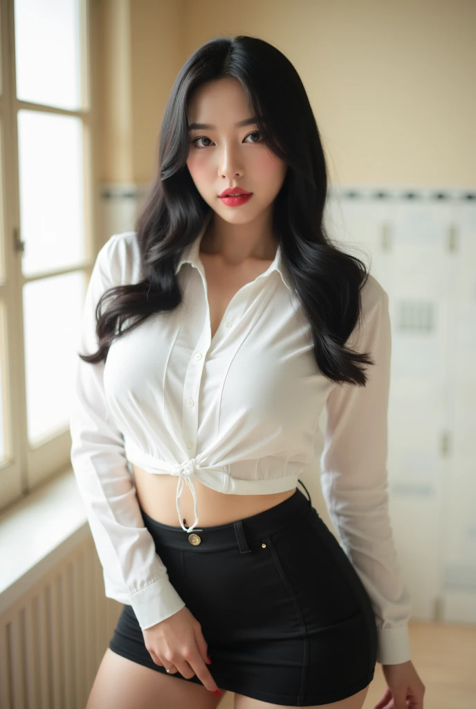 ((Highest quality)), ((masterpiece)), (detailed), Perfect Face, Beautiful Japanese Woman, Have a shoulder back, White T-shirt, Fascinating, Face and body focus, (Large Breasts) , Grey pleated skirt, Realistic, photograph, Shiny blouse, blush, smile,
