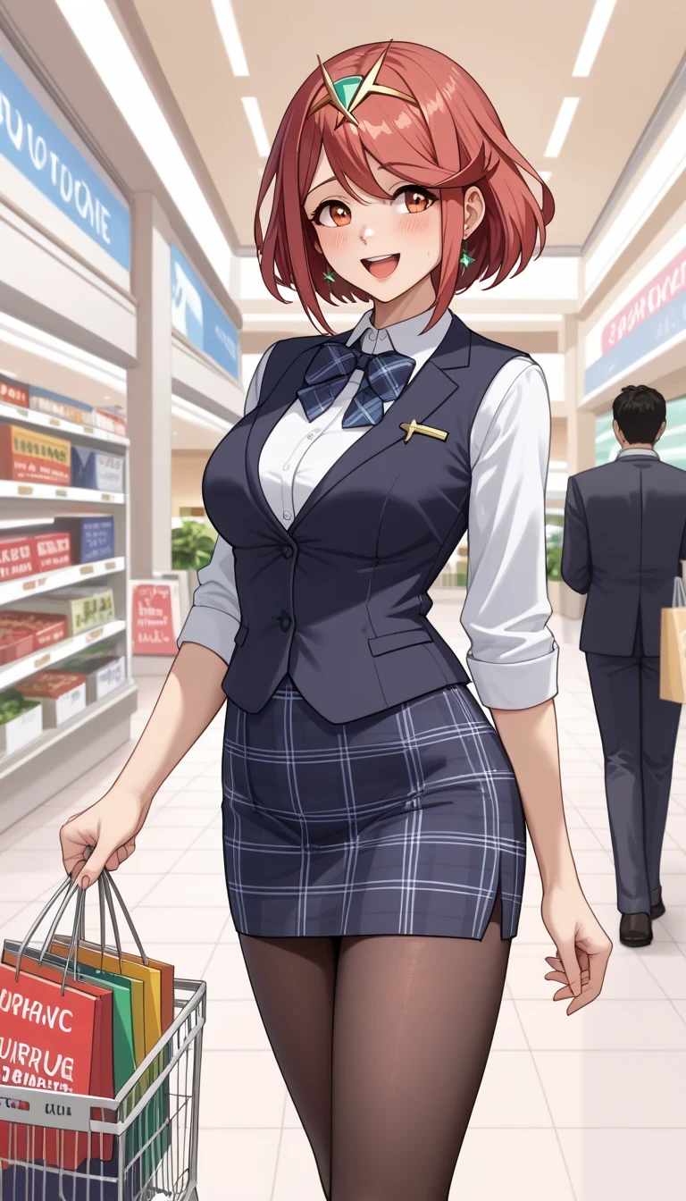 score_9, score_8_up, score_7_up, source_anime、top quality、8k、 masterpiece、ultra high definition、 natural light、perfect anatomy、 perfect eyes、beautiful eyes、one woman、medium breasts、saggy breasts:1.4、Pyra , business suits、((plaid office vest))、ribbon、tight pencil skirt、pantyhose、(embarrassing:1.6、happy、look away)、(((shopping mall)))、profile、panties、skirt lift