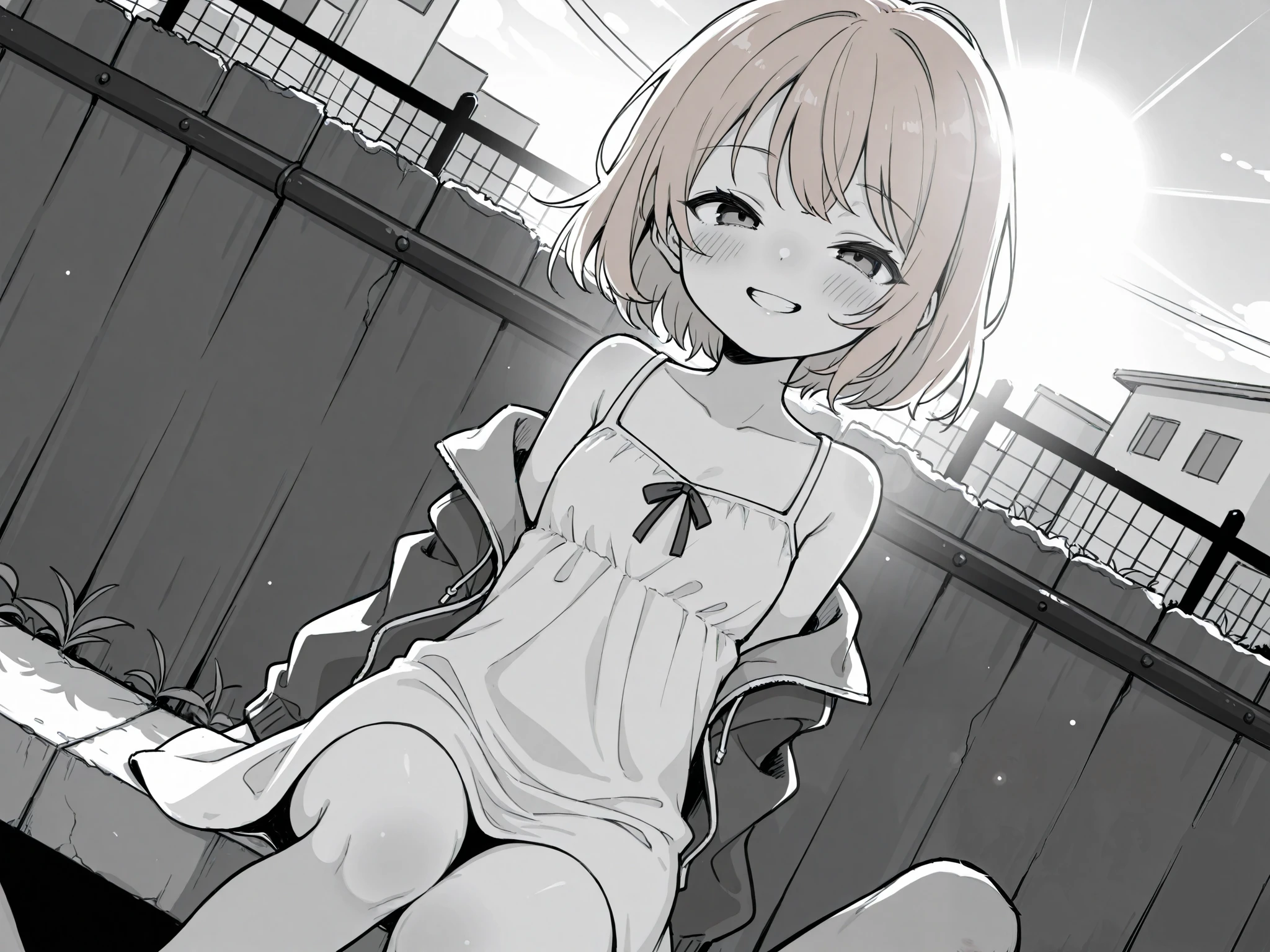 score_9, score_8_up, score_7_up, break, absurdres, highres, (masterpiece), uncensored, original, 1girl, petite, skinny, younger, , short girl, short, adolescent, ager, sitting, leaning, cute, cute face, blush,half-closed eyes, squinting, nose scrunch,solo focus, grin, outdoors, sundress, fence, jacket, looking at viewer, off shoulder, open clothes, open jacket, outdoors, road, short hair, light hair, brown hair, light brown hair, light shading, sitting, sketch, sky, solo, street, wide_shot, dramatic lighting,focus, bokeh, shallow depth of field, greyscale, dutch angle, pov, lens_flare, sunlight, sun, from_side: 1.9