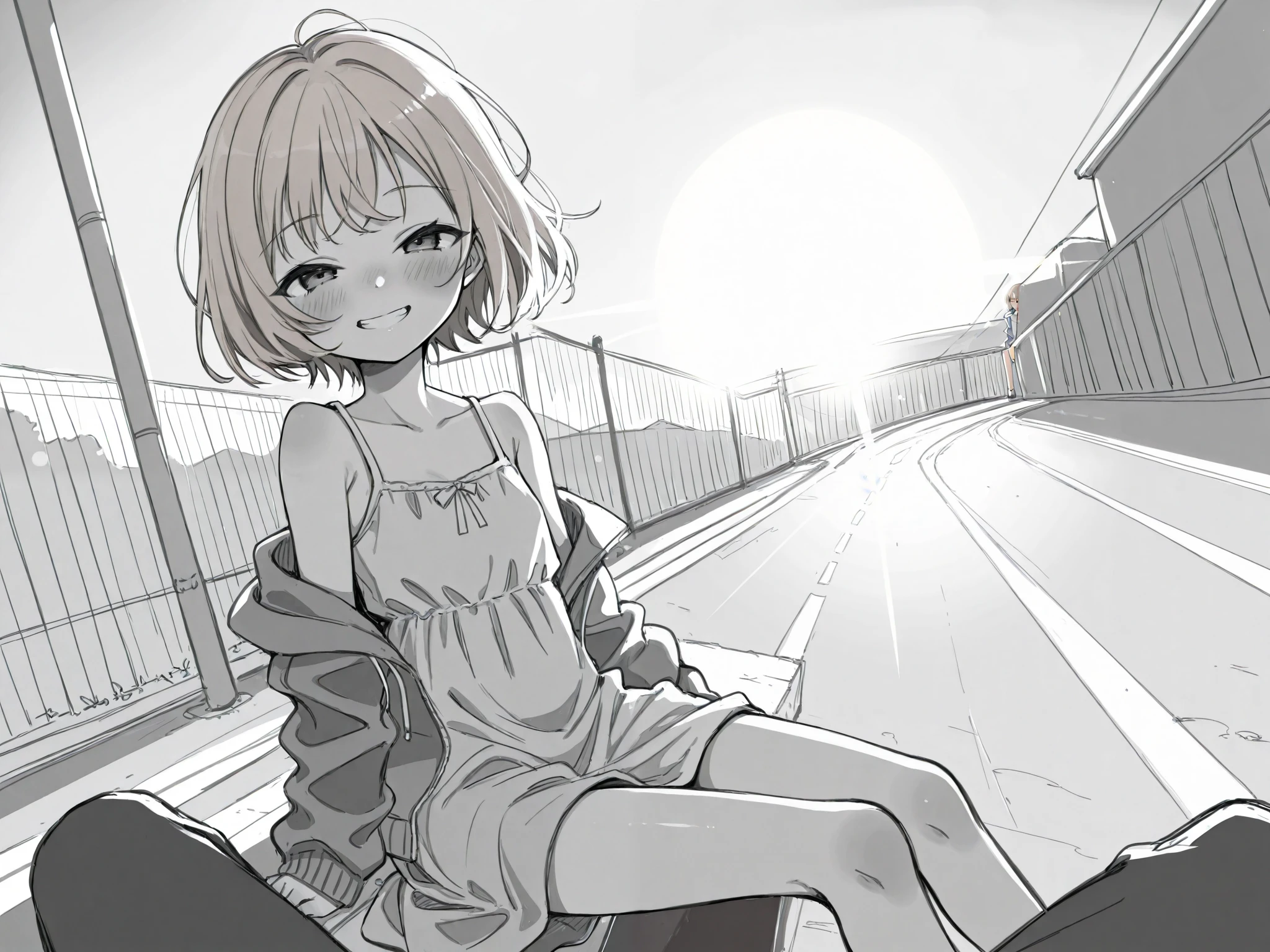 score_9, score_8_up, score_7_up, break, absurdres, highres, (masterpiece), uncensored, original, 1girl, petite, skinny, younger, , short girl, short, adolescent, ager, sitting, leaning, cute, cute face, blush,half-closed eyes, squinting, nose scrunch,solo focus, grin, outdoors, sundress, fence, jacket, looking at viewer, off shoulder, open clothes, open jacket, outdoors, road, short hair, light hair, brown hair, light brown hair, light shading, sitting, sketch, sky, solo, street, wide_shot, dramatic lighting,focus, bokeh, shallow depth of field, greyscale, dutch angle, pov, lens_flare, sunlight, sun, from_side: 1.9