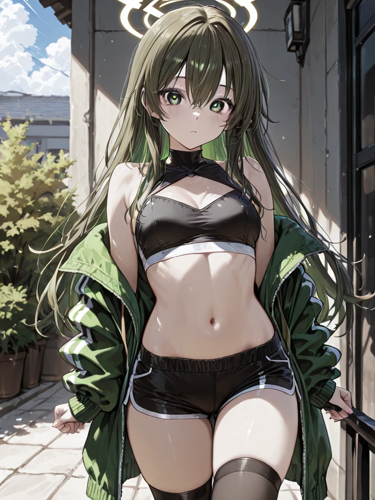 A 14 year old girl with dark brown hair, green eyes, Very sexy and exciting black bikini with big breasts and a room in the background