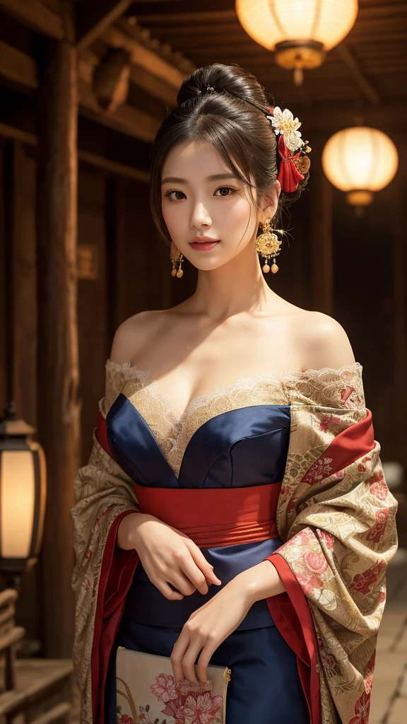 (highest quality、table top、8K、best image quality、ultra high resolution、Award-winning work)、one courtesan、(solo:1.1)、(The most gorgeous furisode of the courtesan:1.1)、(The finest, most gorgeous and vibrant floral furisode:1.1)、(The finest long-sleeved kimono with large floral patterns:1.1)、Enchanting courtesan、A sexy courtesan、Very sexy courtesan、(Long-sleeved kimono with large floral patterns:1.1)、[A furisode with a slight golden decoration]、(Lots of gorgeous and large hair accessories:1.1)、look at me and smile、bright lipstick、vivid eye shadow、(small cleavage:1.1)、(A V-neck furisode that exposes the shoulders:1.2)、chignon、The most gorgeous and intricate floral patterned furisode、(Bright red wall:1.1)、(Luxurious Shoji screens decorated with beautiful autumn leaves:1.1)、The most gorgeous giant hairpin、(Gorgeous paper screen decorated with red maple leaves:1.1)、(An elegant and luxurious shoji screen decorated with very elaborate maple leaves:1.1)、Moody lighting from high-end lanterns、A furisode with a very intricate and huge floral pattern、(accurate anatomy:1.1)、The most intricate and gorgeous floral pattern、ultra high resolutionの艶と潤いのある美肌、ultra high resolutionの美しい顔、ultra high resolutionの煌めく瞳、ultra high resolutionの完璧な歯、ultra high resolutionの髪の毛、ultra high resolutionの艶のある唇、(A colorful furisode with blue, purple, and pink floral patterns:1.2)、(A furisode with colorful and vibrant floral patterns:1.1)、(A huge and colorful floral kimono:1.1)、(A gorgeous and extravagant Japanese-style room:1.1)、High-quality hanging scroll、(An artistic red wall with very intricate foliage decoration:1.1)、blurred background、Tyndall effect、(the most moody and romantic:1.1)