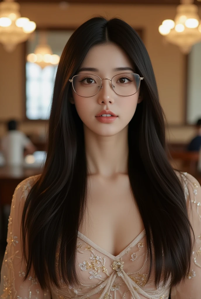 8k, highest quality, masterpiece, realistic, Photoreal, super detailed, Natural light, well-shaped chest, 1 person, 35 year old female, black hair, medium length straight hair, silver rim glasses, ((look into the viewer's eyes)), pendant, ((((gray knit V-neck shirt)))), highly detailed face and skin, detailed eye, highly detailed face and skin
